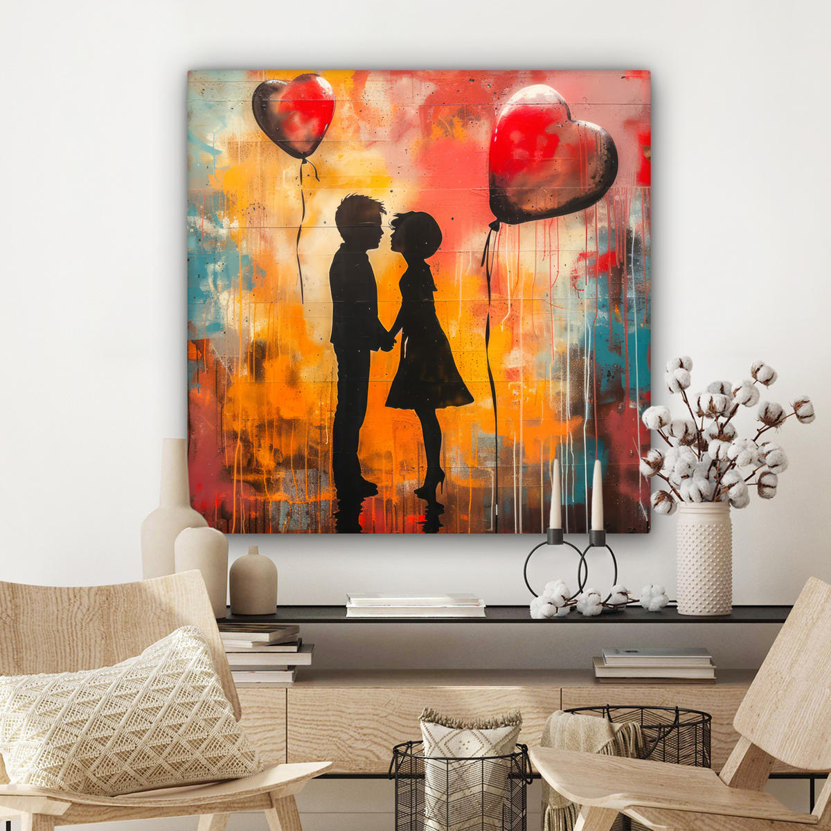 LEINWANDBILD Straßenkunst - Liebe - Graffiti - Kunst - Banksy 90x90 cm - Orange, Textil (90/90cm) - MuchoWow