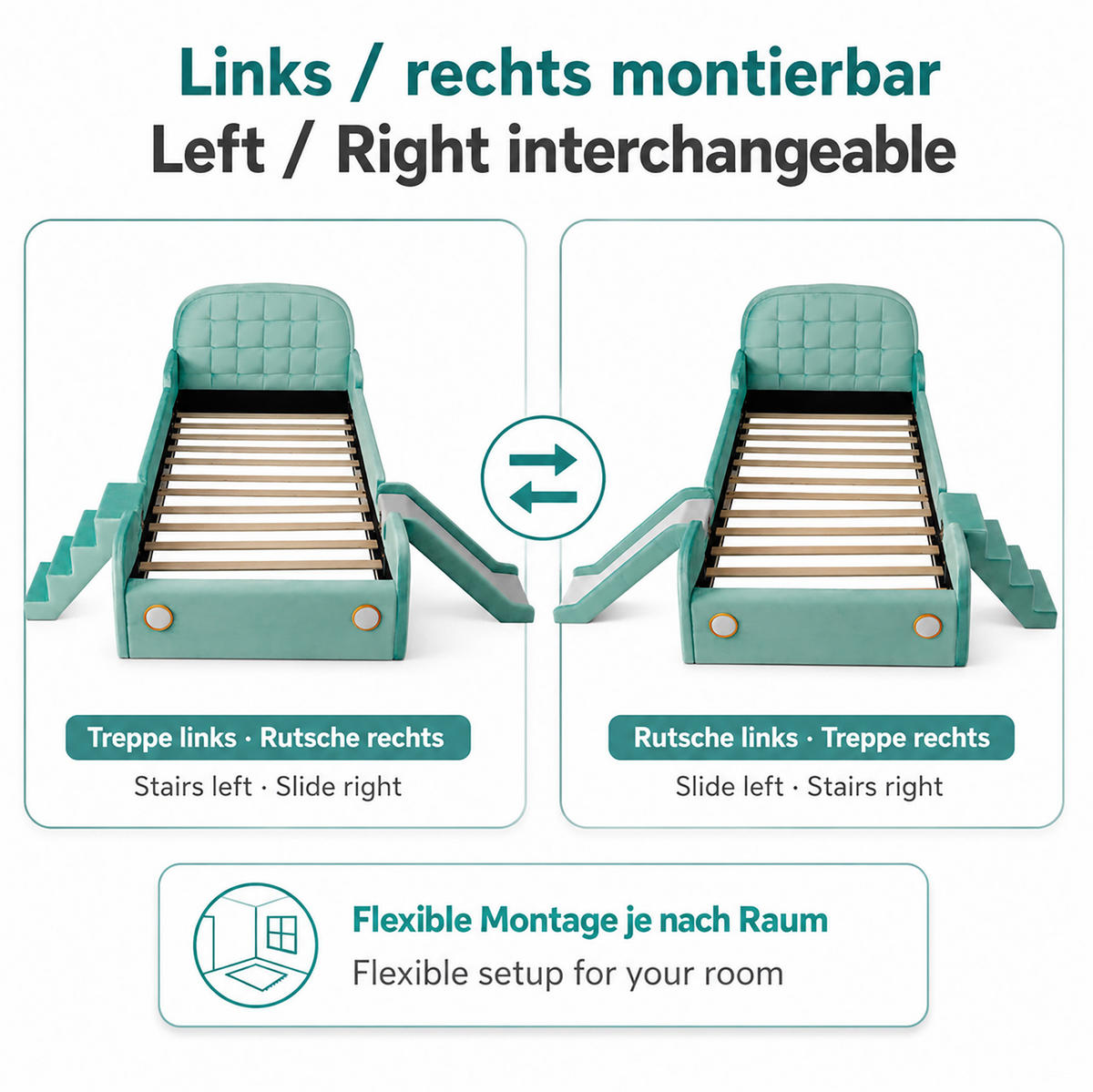 KINDERBETT 90x200 cm in Blaugrün mit Rutsche, Treppe und Fallschutz - Blau, Textil (90/200cm) - IVMEU