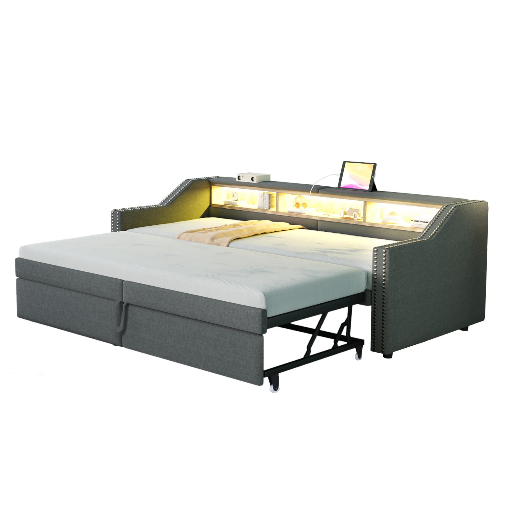 AUSZIEHBETT 90/180 x 200 cm Dunkelgrau mit LED-Beleuchtung, USB-Anschluss und Stauraum - Dunkelgrau, Textil (90/200cm) - Flora Grace