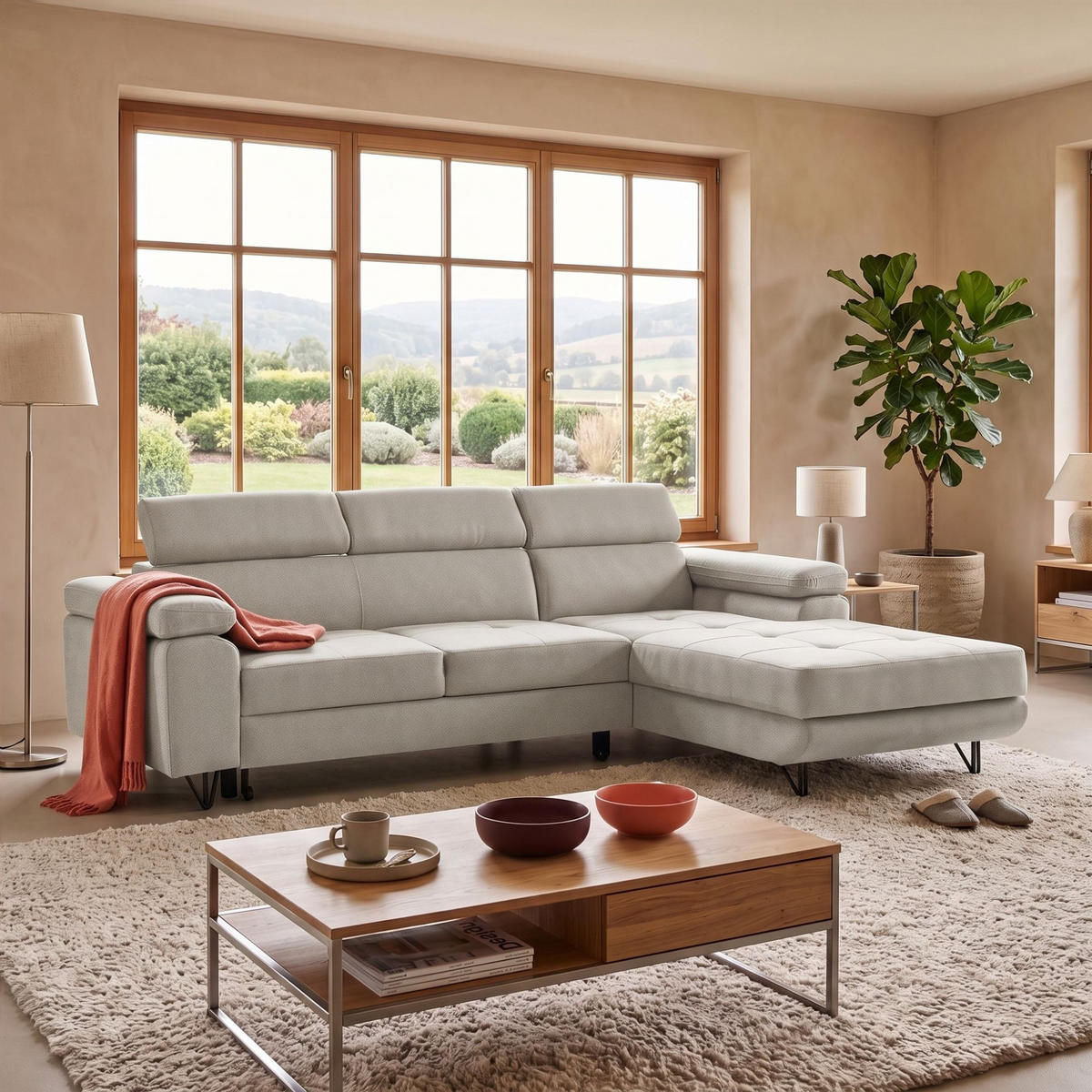ECKSOFA NORIS L Rechts mit Schlaffunktion 128x203 Velours Beige - Beige/Schwarz, Holz/Textil (183/250cm) - Muffo