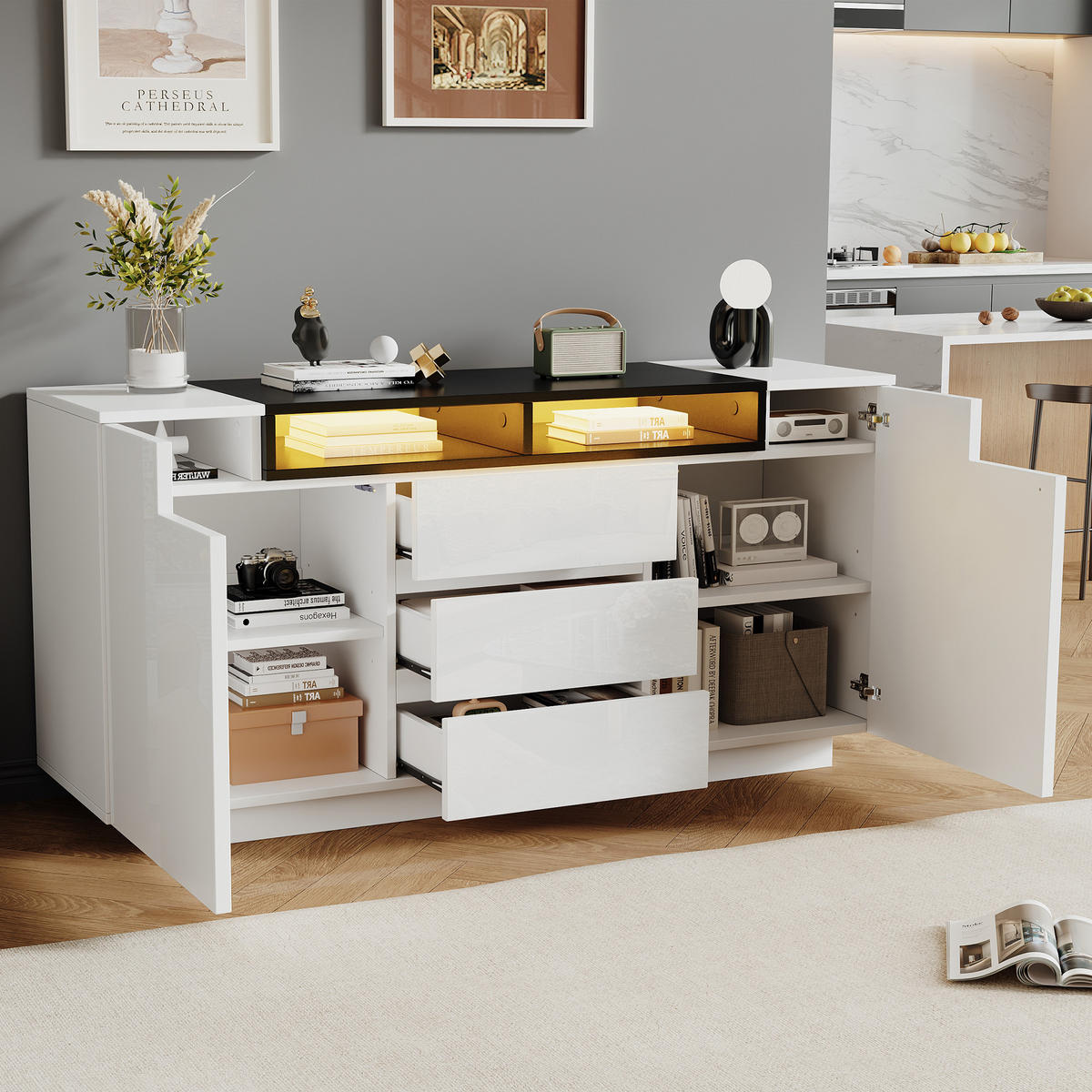 SIDEBOARD 140x40x65cm Mit 3 Schränken 4 Türen LED & Farbblockierung - Weiß, Holzwerkstoff (40/68/140cm) - FLIEKS