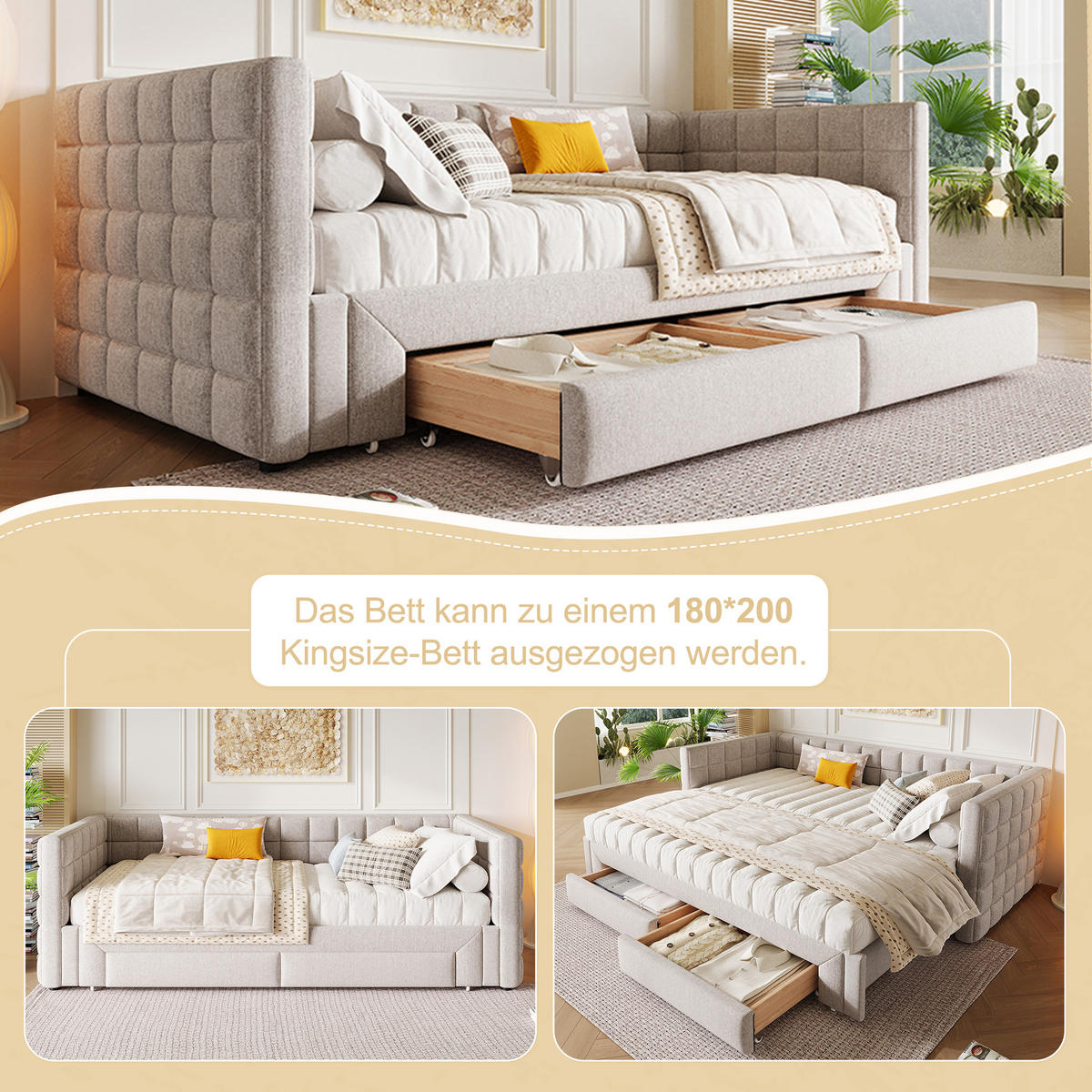 TAGEBETT 90x200cm Beige quadratische Rückenlehne Ausziehbett 2 Schubladen - Beige, Holz (90/200cm) - FLIEKS