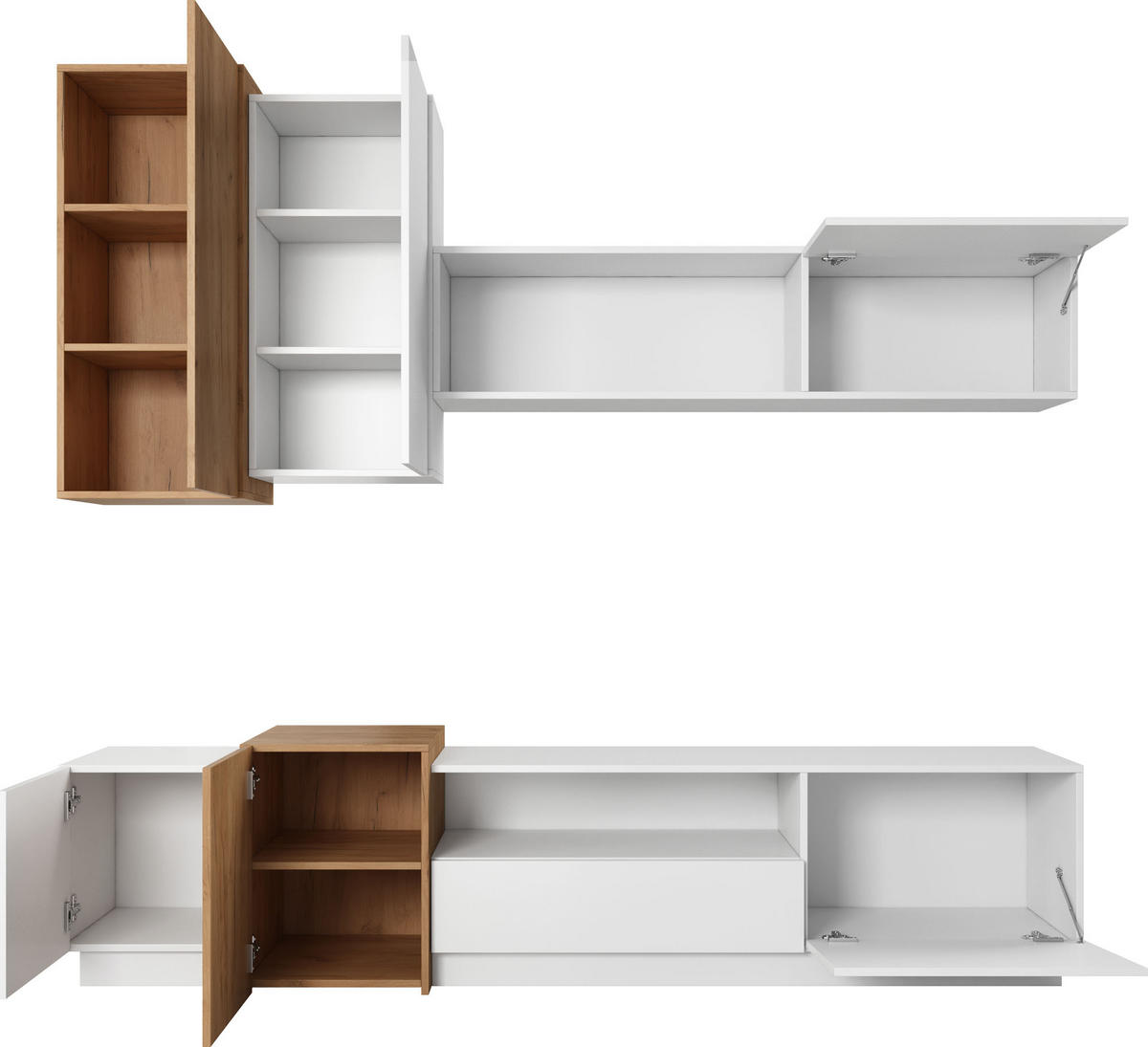 WOHNWAND Grida 4er Set in Weiß Matt mit Eiche Craft Hellbraun 220/54/45 cm - Weiß, Holzwerkstoff (300/180/45cm) - WFL GROUP