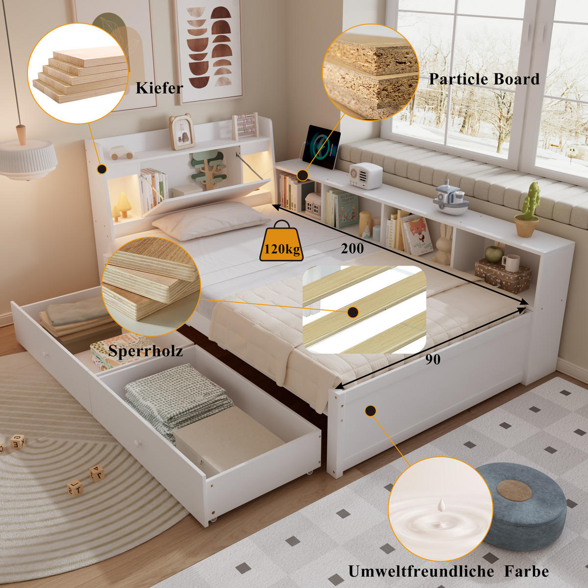 EINZELBETT 90x200 cm LED USB Schubladen - Weiß, Holz (90/200cm) - LEBENLANG