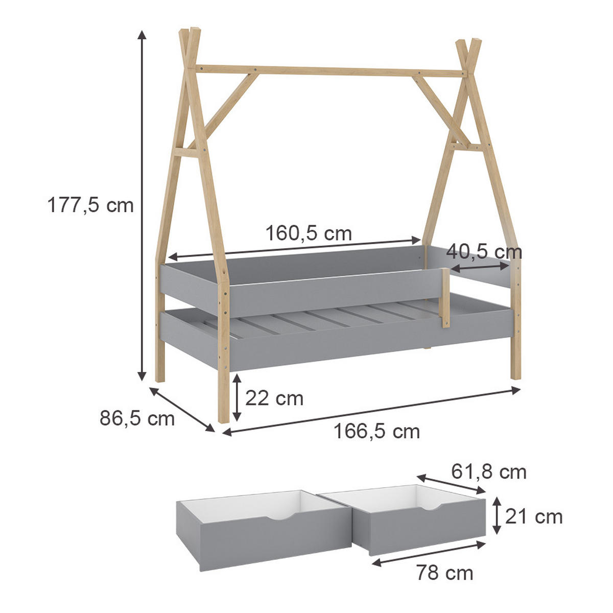 TIPI-BETT Bali Grau 80x160 cm mit 2 Schubladen - Grau, Holz - VitaliSpa
