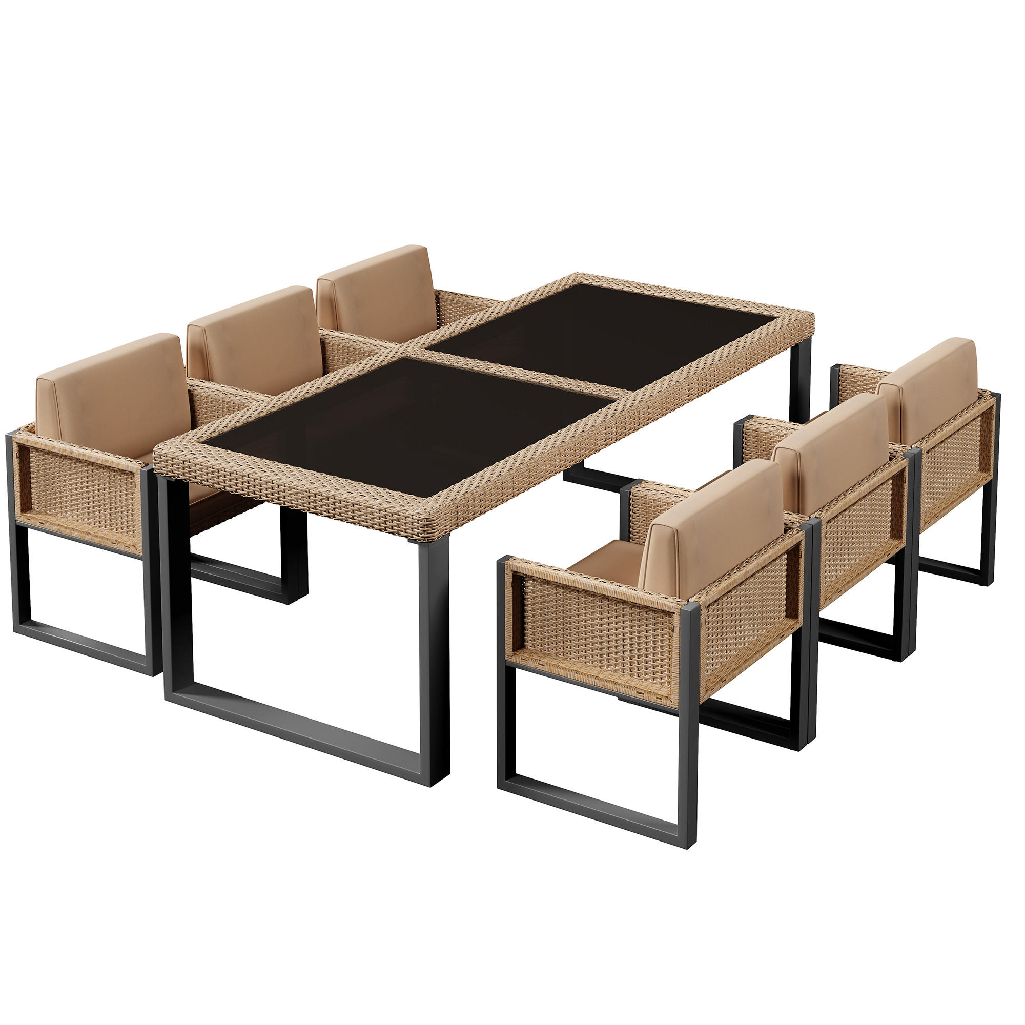 GARTENSET 6 Personen Tisch Stuhl - Schwarz, Naturmaterialien - LEBENLANG