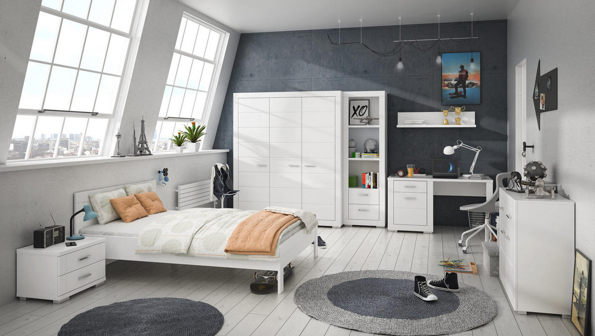 JUGENDZIMMER Snow in Weiß 7 teilig mit MDF Tiefziehfronten - Weiß, Holzwerkstoff (120/200/80cm)