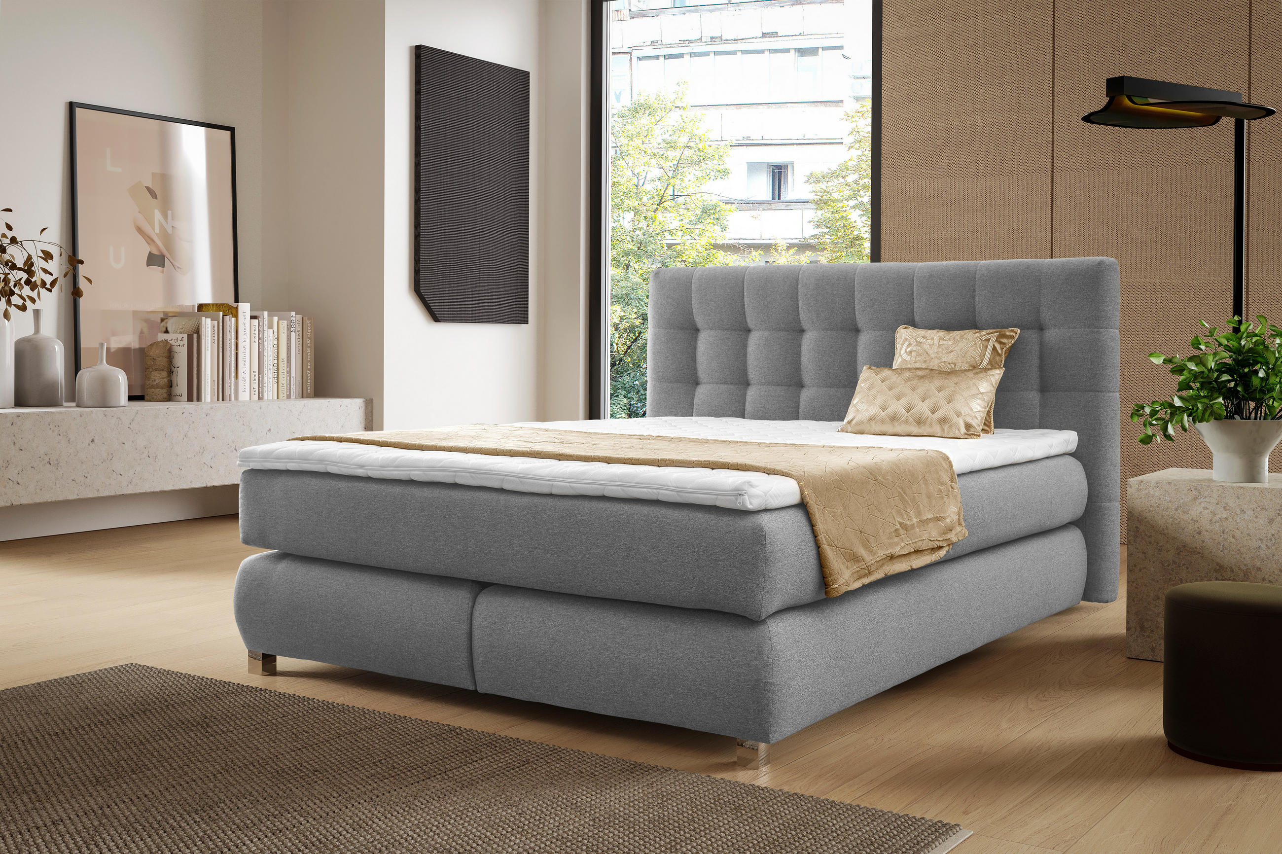 BOXSPRINGBETT BLAKE Bonellmatratze Topper 180x200 Grau - Grau, Holz (180/200cm) - Furnistar