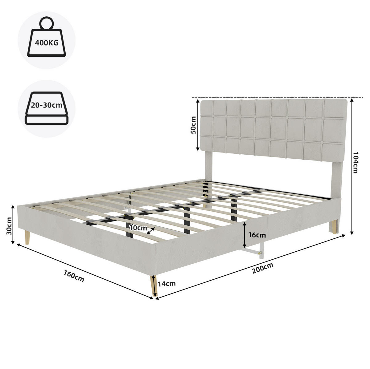 POLSTERBETT 160/200 cm aus Samt mit karierter Kopfteilpolsterung und Holzfüßen, Beige - Beige, Textil (160/200cm) - Redom