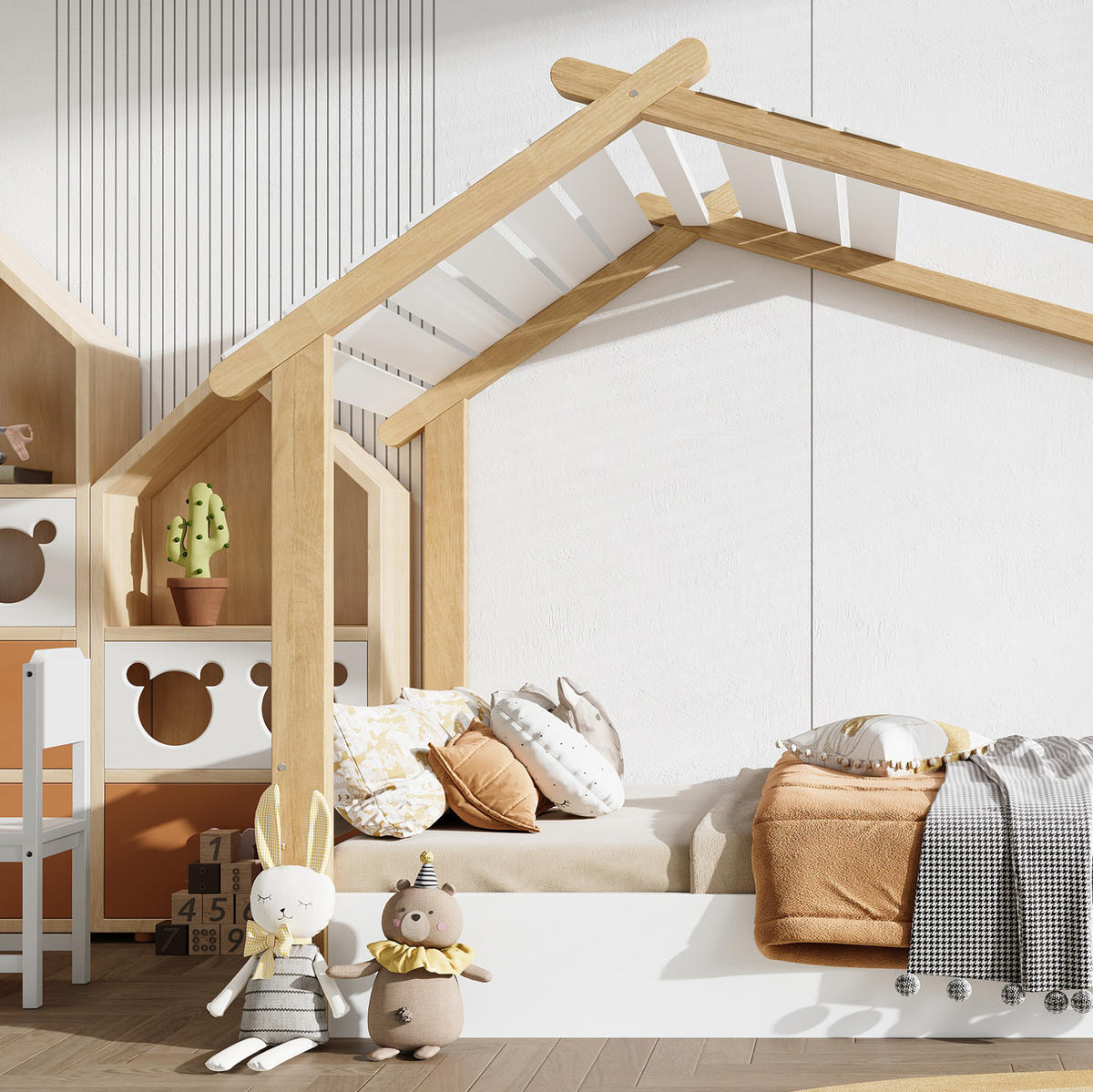 KINDERBETT 90/190 cm in Hausform aus Kiefer/MDF – Weiß/Natur - Weiß, Holz (90/200cm) - BEAOK