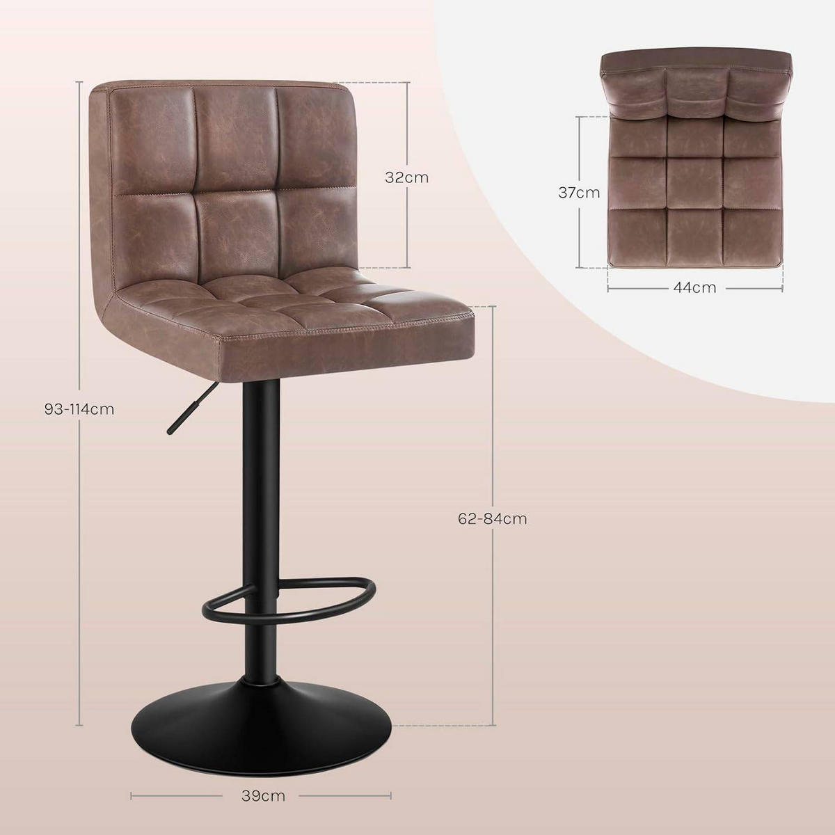 BARHOCKER 1er Set, Kunstleder in Antiklederoptik, Stahl - Dunkelbraun, Metall (44/114/39cm) - Woltu