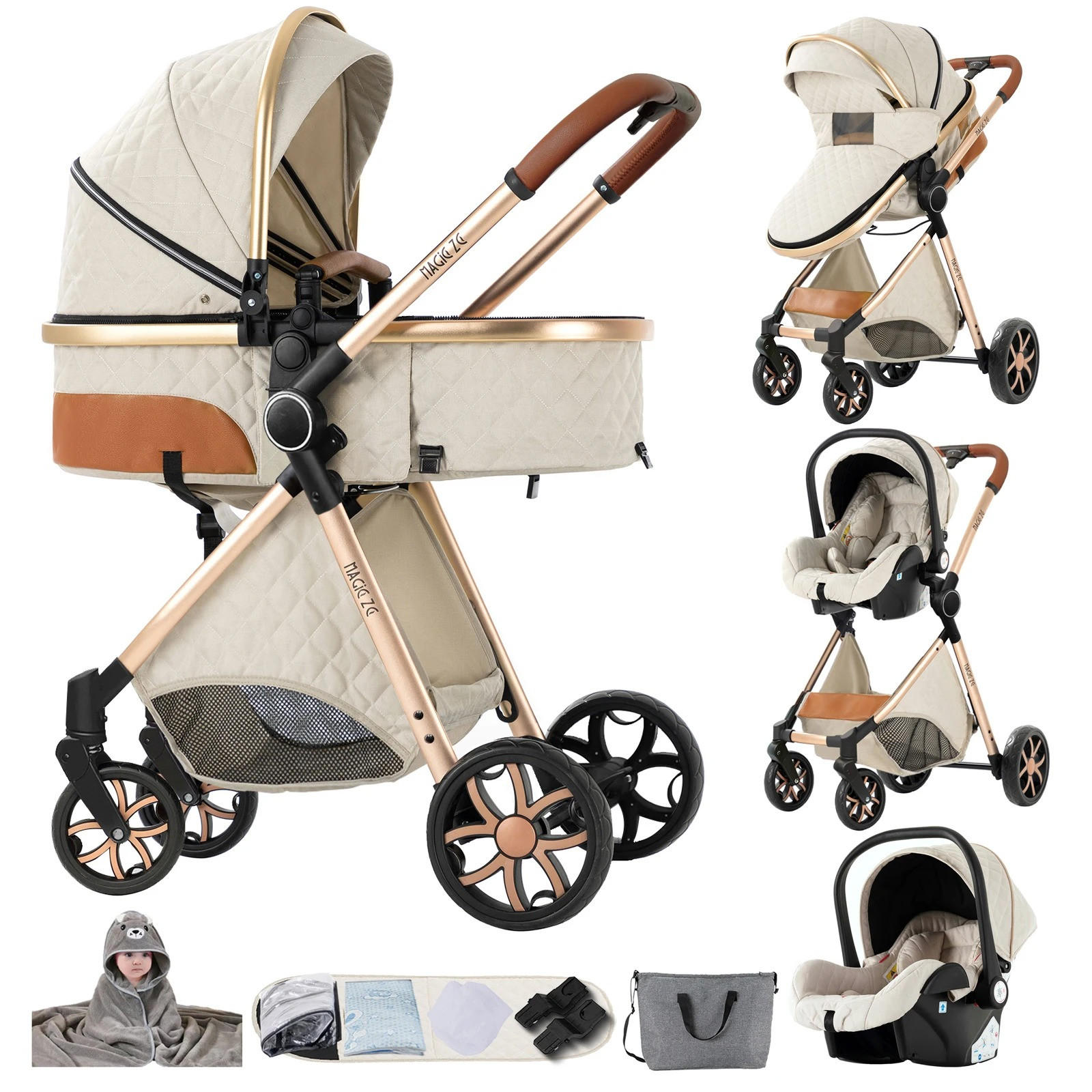KINDERWAGENSET 3-in-1 mit Autositz, Neugeborenen-Sicherheitsgurt mit fünf Punkten, stoßdämpfend, faltbar, YV9-Weiß - Weiß, Metall (80/60cm) - Kaket