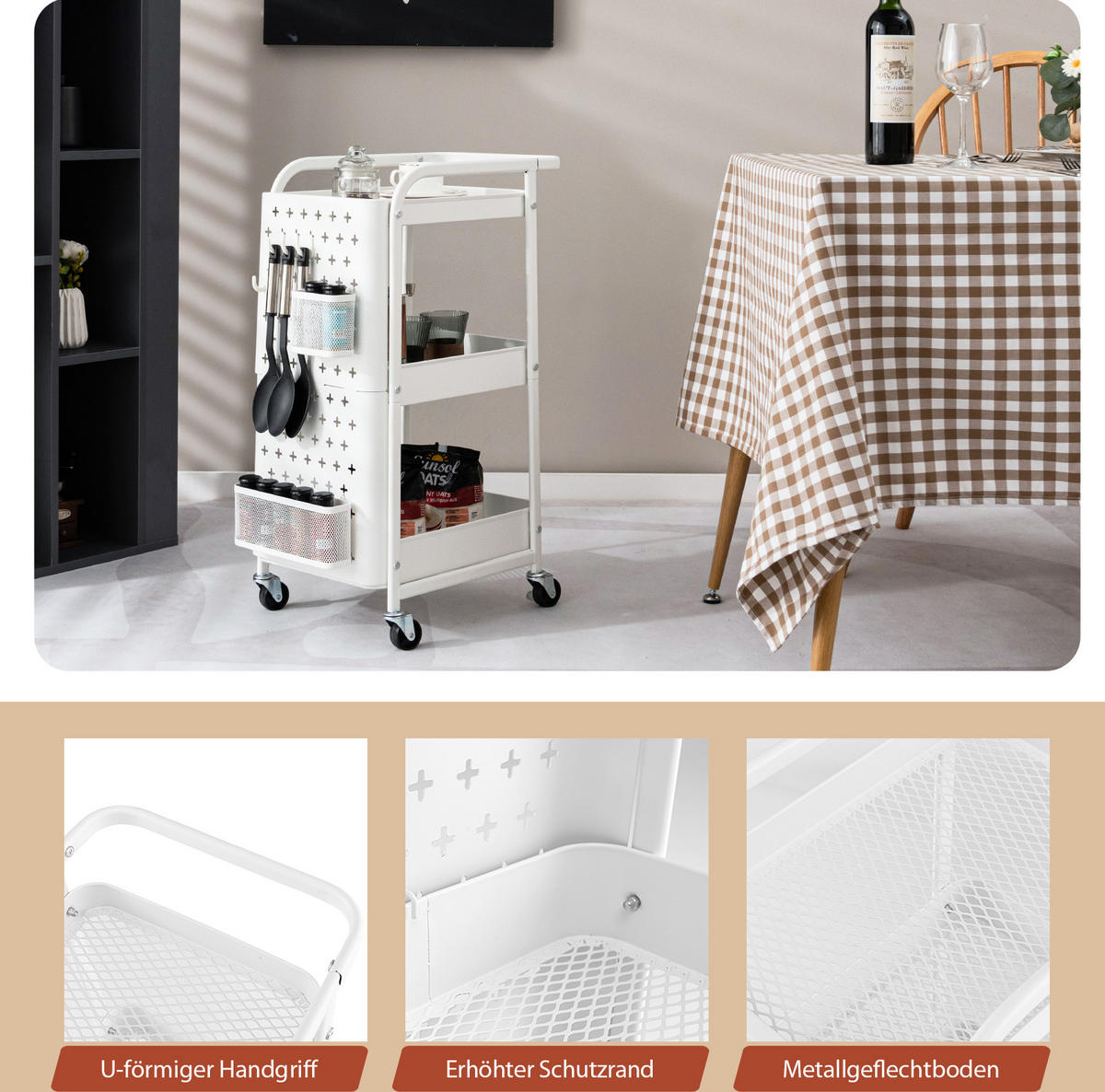 KUCHENWAGEN Rollwagen 4 Etagen Weiß - Weiß, Metall (33/75/52cm) - COSTWAY