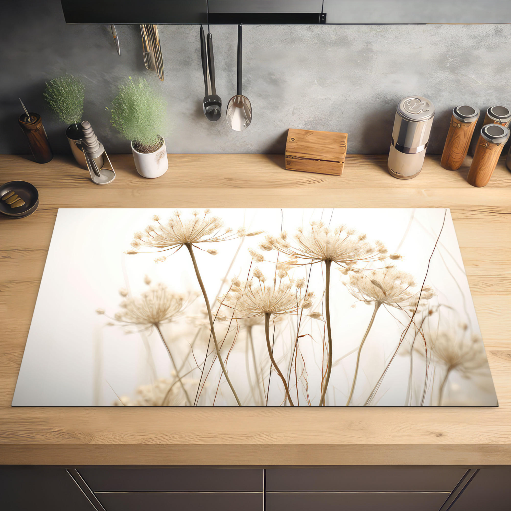 HERDABDECKPLATTE Blumen - Weiß - Sonnenlicht 89x51 cm - Ecru, Kunststoff (89.6/0.2/51.6cm) - MuchoWow