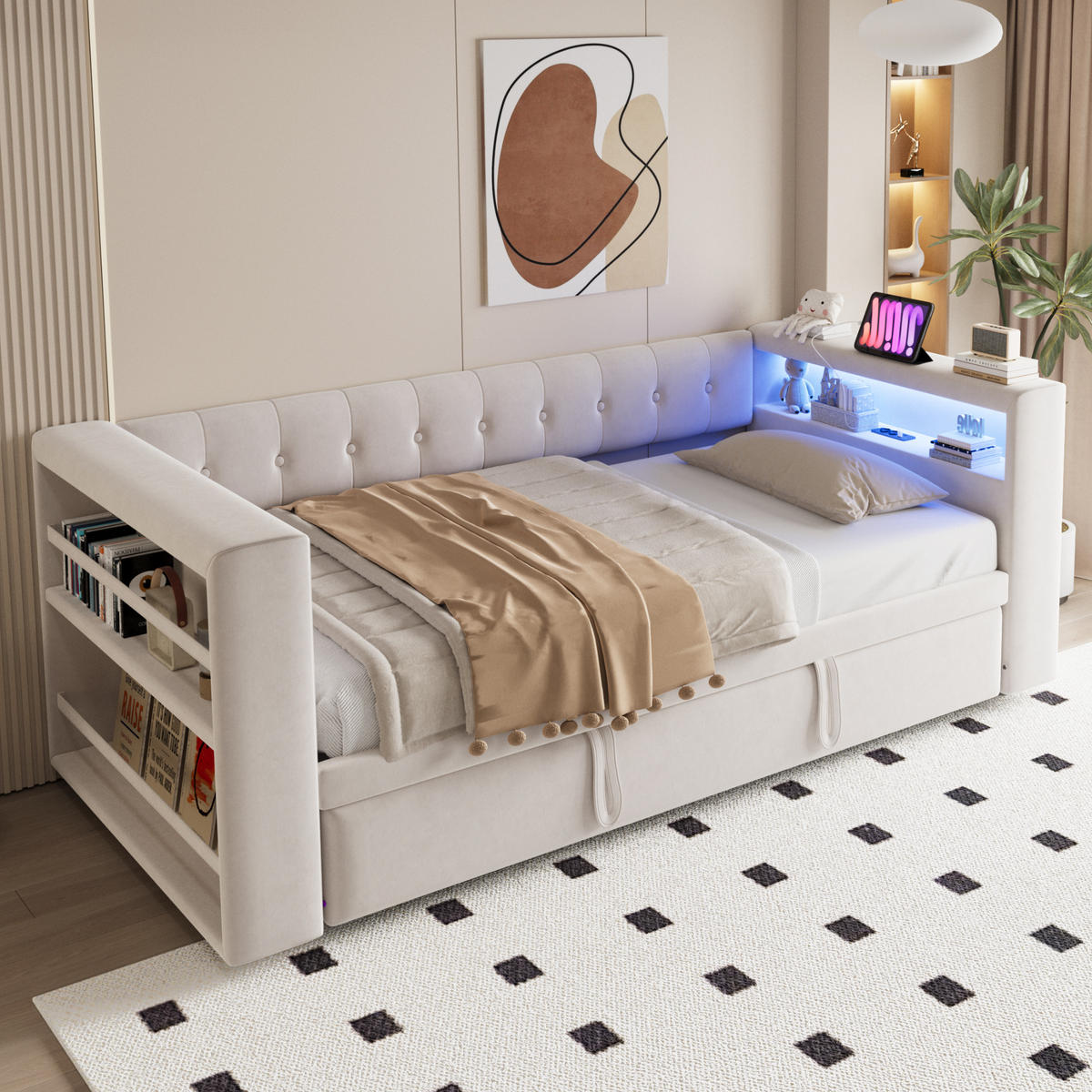 AUSZIEHBETT 90/180/190 cm DE-02084, in Beige, mit LED und Steckdosen - Beige, Metall (90/190cm) - ComfortXL