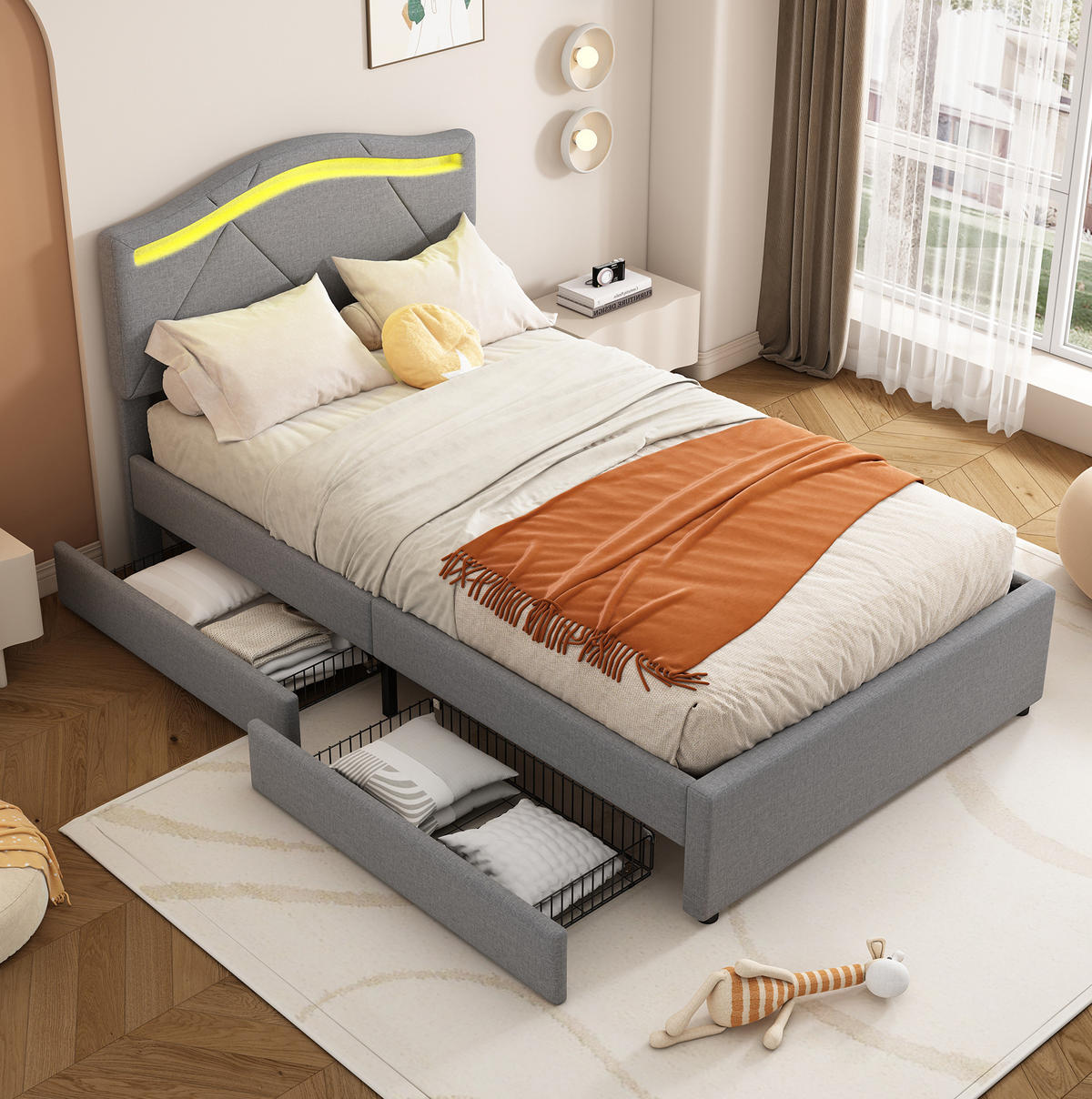 POLSTERBETT mit LED und 2 Schubladen 90x200 cm Leinen Grau - Grau, Metall (90/200cm) - Meubliv