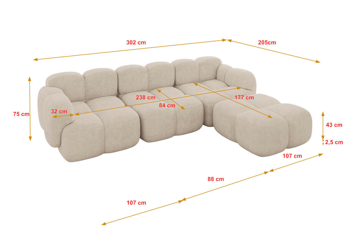 ECKSOFA modulares Sofa Rechts Miko-L2 302x205x75 Beige Velours - Ecru/Schwarz, Holzwerkstoff/Kunststoff (302/205cm) - ALTDECOR