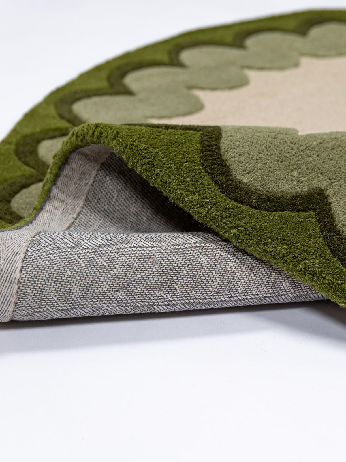 TEPPICH aus Wolle, handgetuftet, WAVENEY, in Olivgrün, Zickzack-Wellenbordüre, Ø 160 cm - Grün, Textil (160/160cm) - KADIMA DESIGN