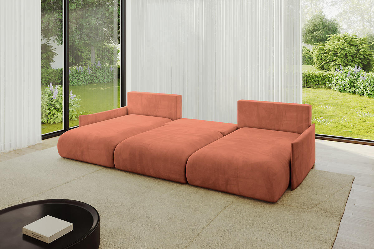 WOHNLANDSCHAFT mit Schlaffunktion und Bettkasten ONESK-U-v1 304x165x40 Apricot Velours - Koralle, Holzwerkstoff/Kunststoff (304/90/165cm) - ALTDECOR