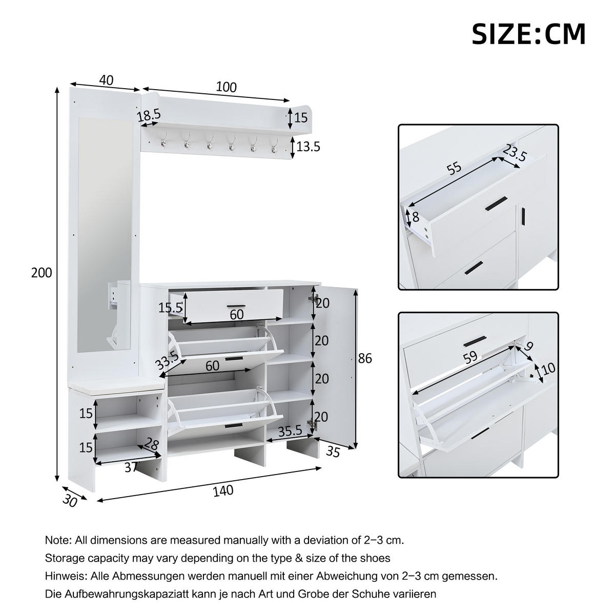 GARDEROBENSCHRANK mit Schuhschrank Spiegel und Schuhwechselbank mit Stauraum Weiß 140/30/200 cm - Weiß, Holzwerkstoff (140/200/30cm) - EVRYAE