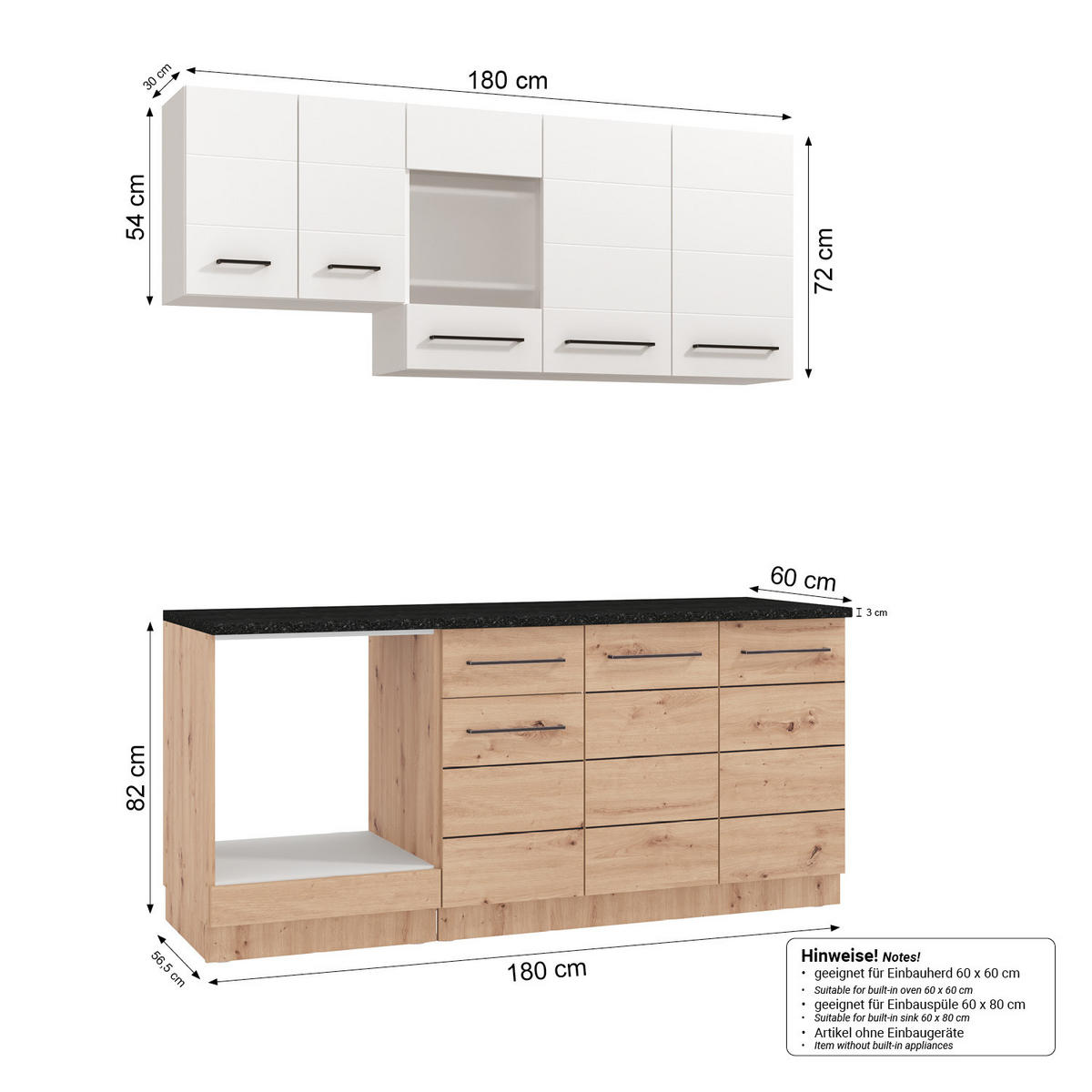 KÜCHENLEERBLOCK 180 cm in Weiß - Schwarz/Braun, Holz (180/200/60cm) - Homestyle4u