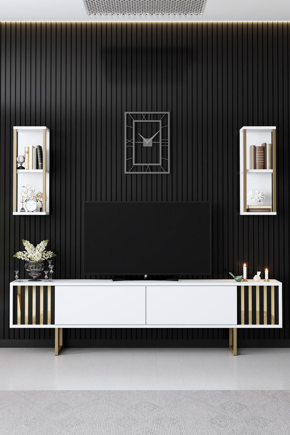 TV-MÖBEL Gold Line Weiß-Schwarz - Schwarz/Weiß, Holz (180/48/30cm) - Habitat Garten