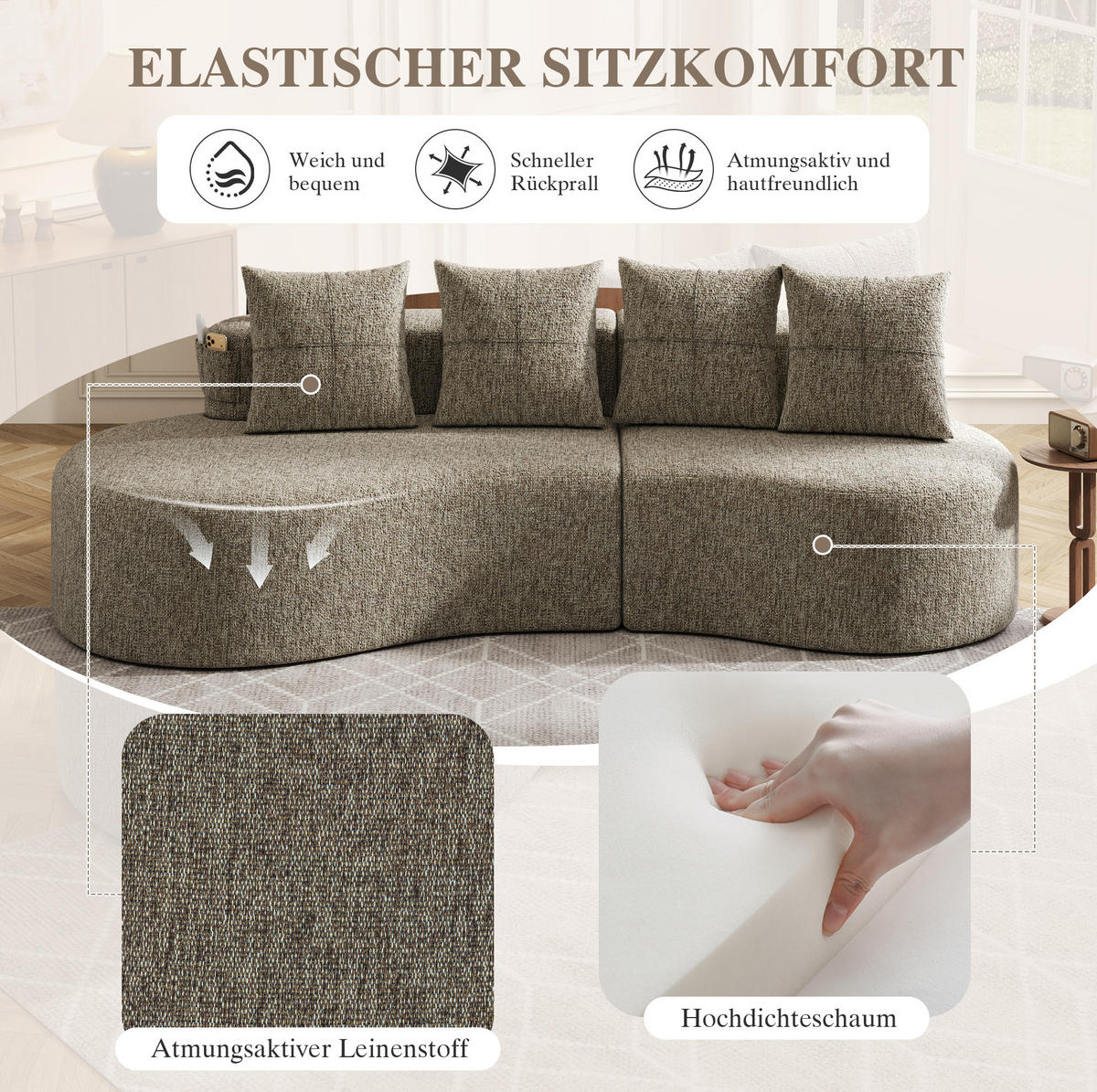 SOFA 240/109/60 cm in Khaki mit Becherhalter, Seitentaschen und 4 Kissen - Sandfarben, Textil (109/63/240cm) - Flora Grace