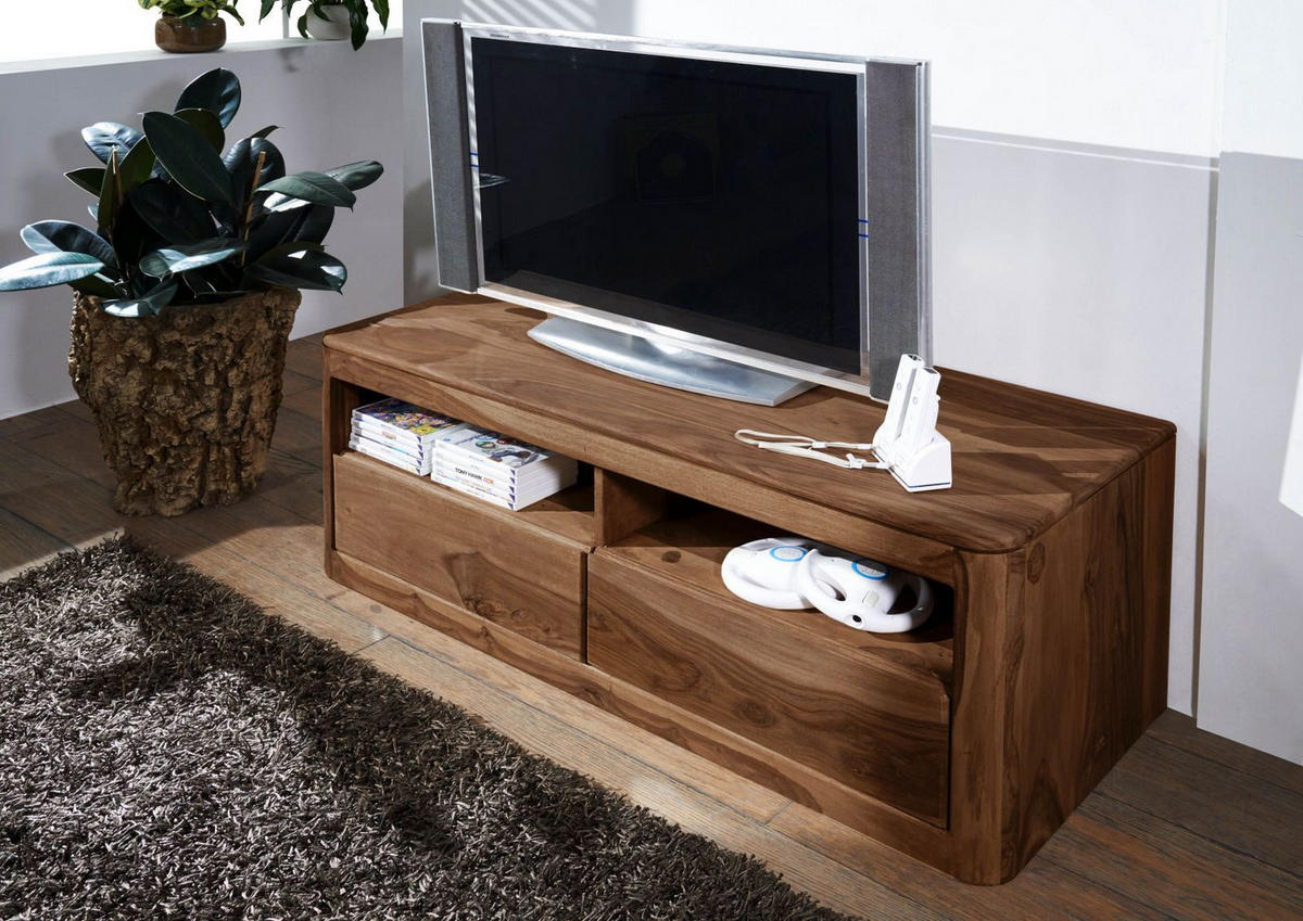 TV-BOARD Sheesham 128x50x49 rot-braun gebeizt TORONTO #107 - Dunkelbraun, Holz (128/49/50cm) - Massivmoebel24