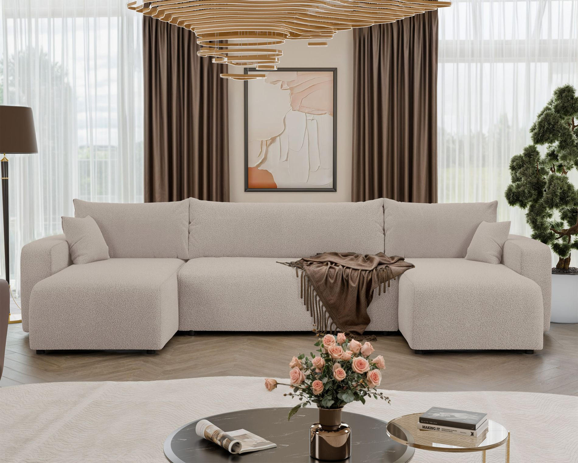 WOHNLANDSCHAFT Pianoni Hellbeige Bouclé-Bezug - Ecru/Schwarz, Kunststoff/Textil (312/83/140cm) - Selsey