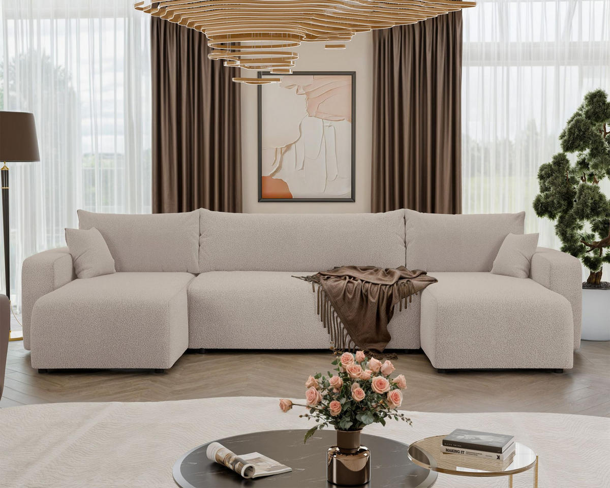 WOHNLANDSCHAFT Pianoni Hellbeige Bouclé-Bezug - Ecru/Schwarz, Kunststoff/Textil (312/83/140cm) - Selsey