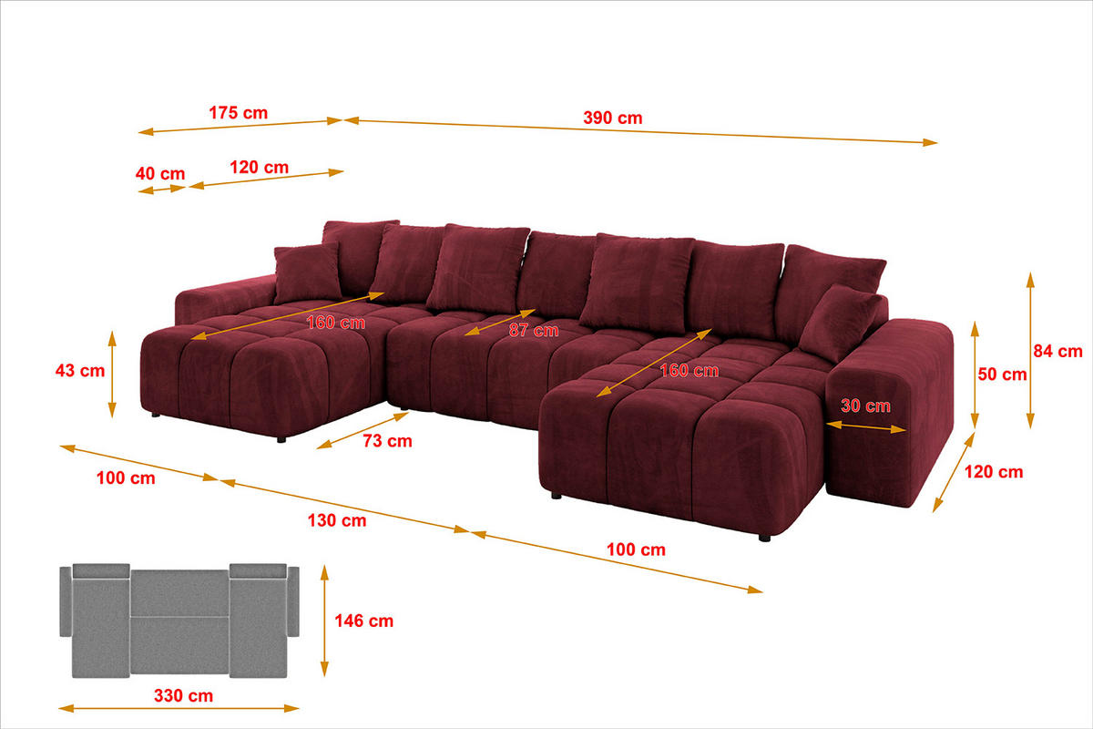 WOHNLANDSCHAFT ENIL-U 390x175x84 Bordeaux Velours - Bordeaux, Holzwerkstoff/Kunststoff (390/84/175cm) - ALTDECOR