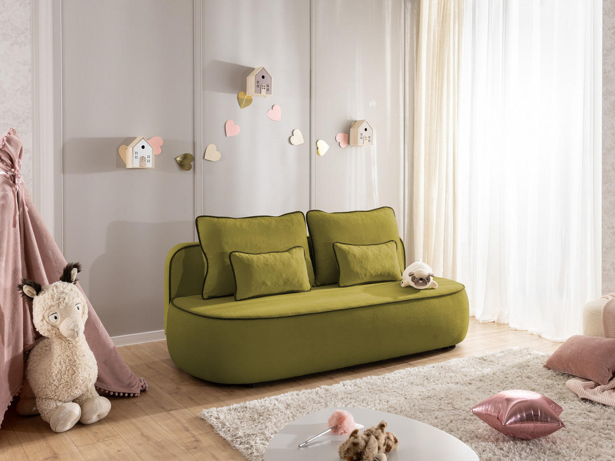KINDERSOFA Vero im modernen und abgerundeten Design mit Schlaffunktion und Bettkasten aus Grün Plüschstoff mit dunkelgrüner Paspel - Schwarz/Grün, Holz/Kunststoff (210/90/98cm) - S-Style Möbel