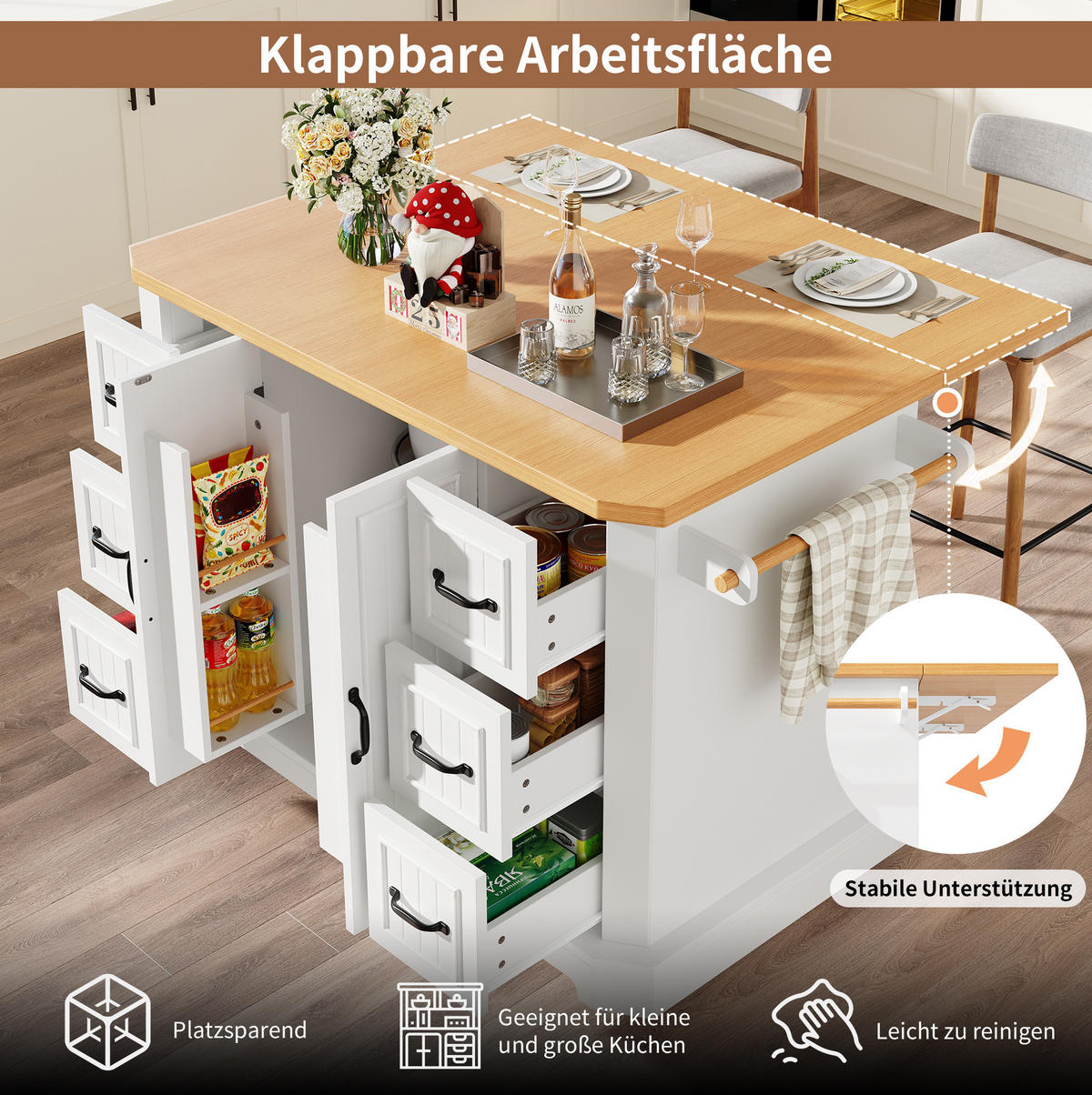 KÜCHENINSEL aus MDF und Metall 120x45x91 cm Weiß rollbar mit 2 Türen, 6 Schubladen und Arbeitsplatte in Holzoptik - Weiß, Holzwerkstoff (120/91/45cm) - Modfu