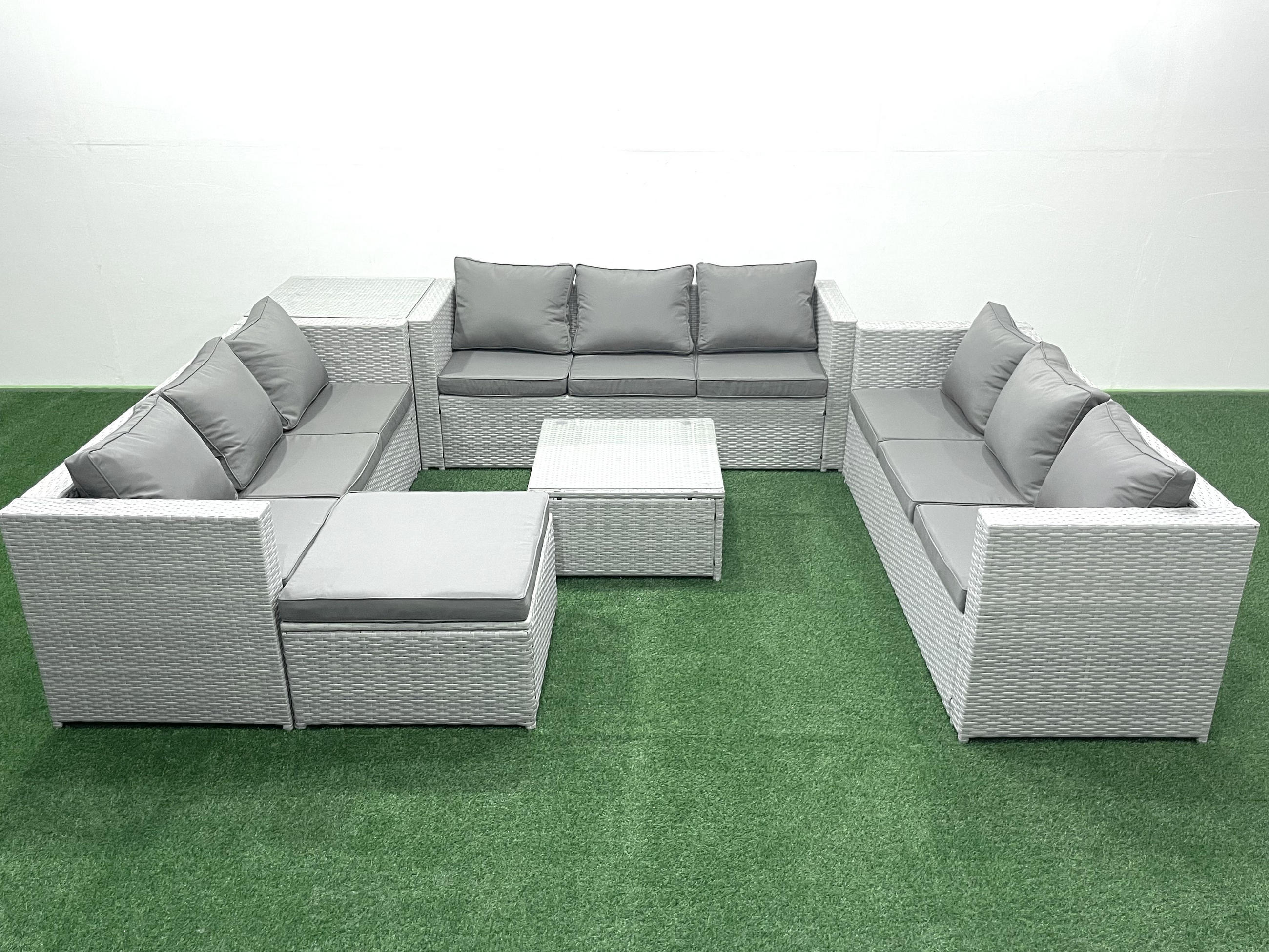 GARTENMÖBELSET mit 3-SITZER SOFA,COUCHTISCH Polyrattan Hellgrau-Mix 10-Sitzer - Hellgrau/Grau, Glas/Kunststoff - Fimous