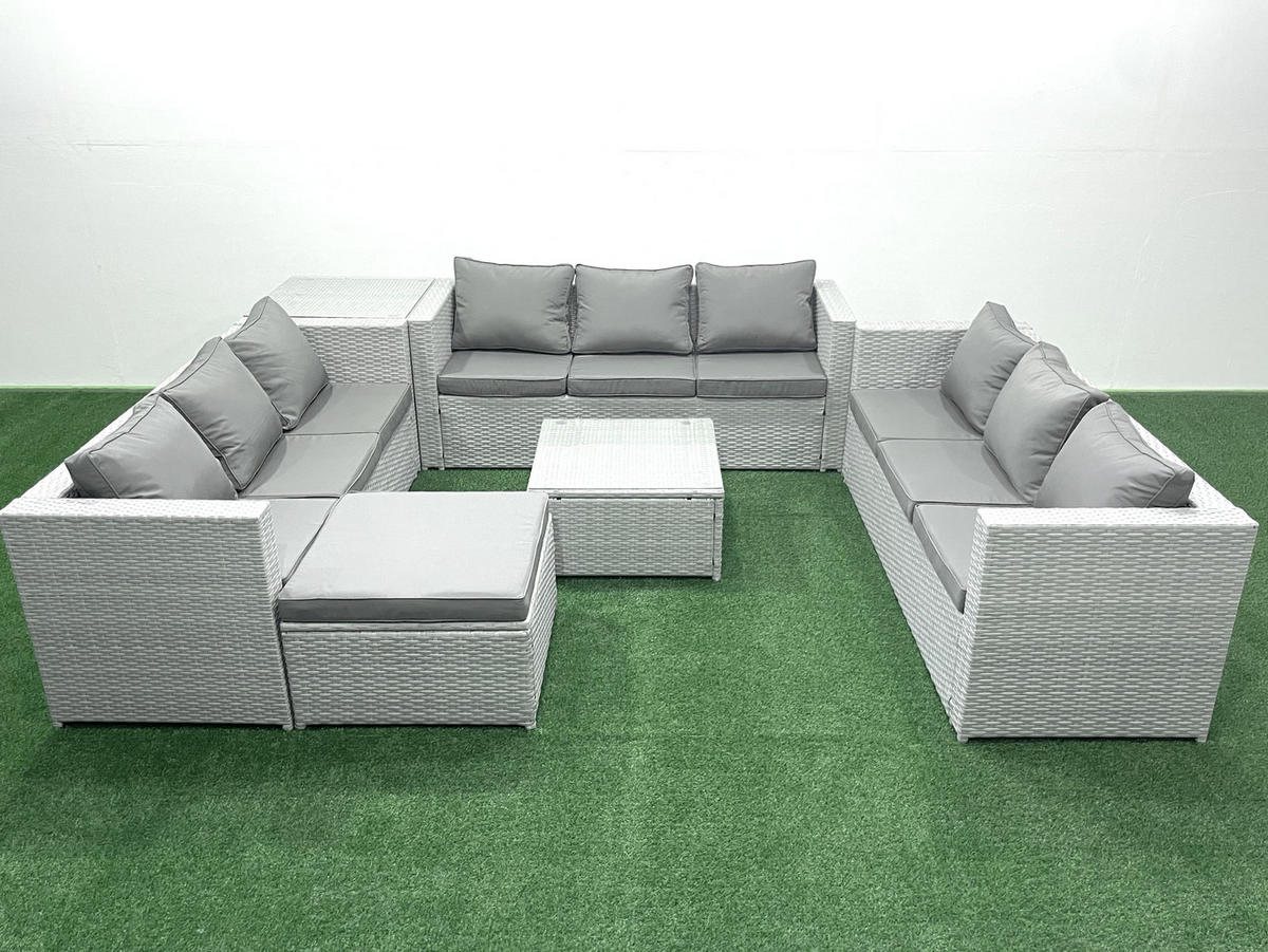 GARTENMÖBELSET mit 3-SITZER SOFA,COUCHTISCH Polyrattan Hellgrau-Mix 10-Sitzer - Hellgrau/Grau, Glas/Kunststoff - Fimous