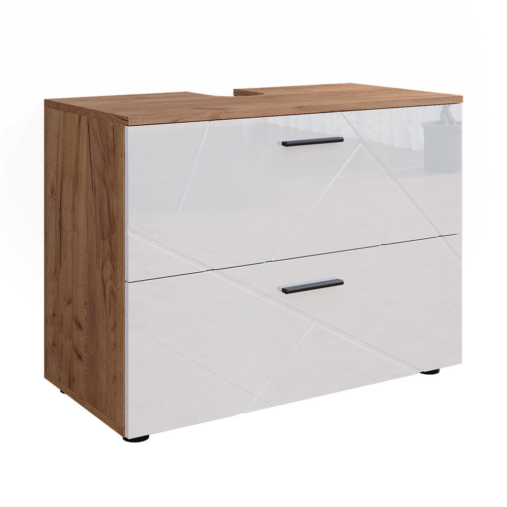 WASCHBECKENUNTERSCHRANK Irma Weiß Hochglanz/Goldkraft Eiche 80 x 58.6 cm - Weiß Hochglanz/Eiche Wotan, Holzwerkstoff (80/58.6/41cm) - Vicco