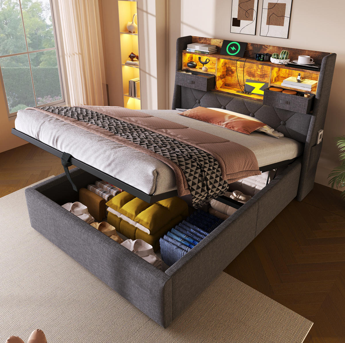 POLSTERBETT 90/200 cm Grau aus Leinen mit LED-Kopfteil - Grau, Textil (90/200cm) - OKMYHOME