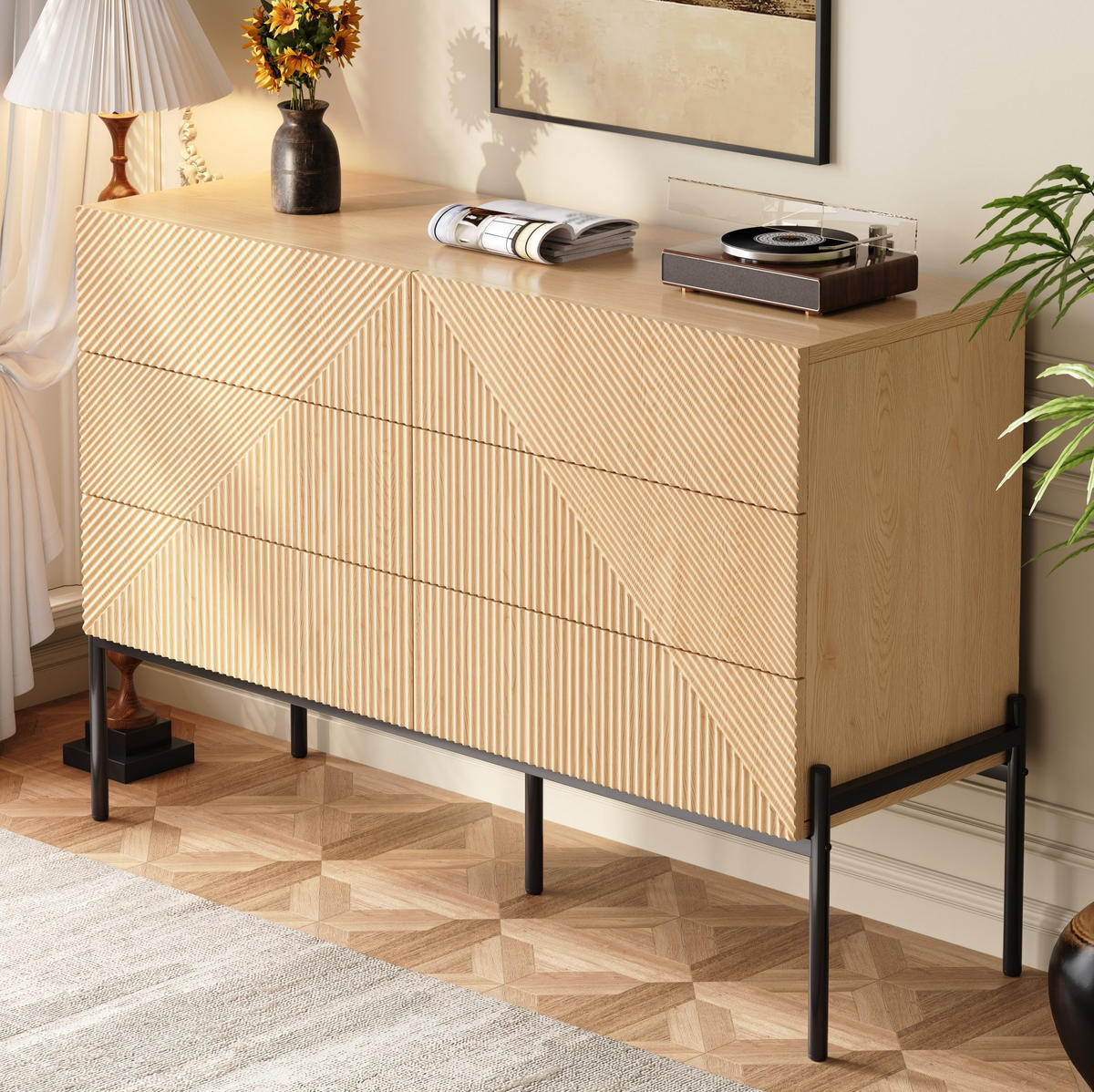 KOMMODE aus MDF 115,5x38x75cm in Natur mit 6 Schubladen - Naturfarben, Holzwerkstoff (115.5/75/38cm) - Modfu