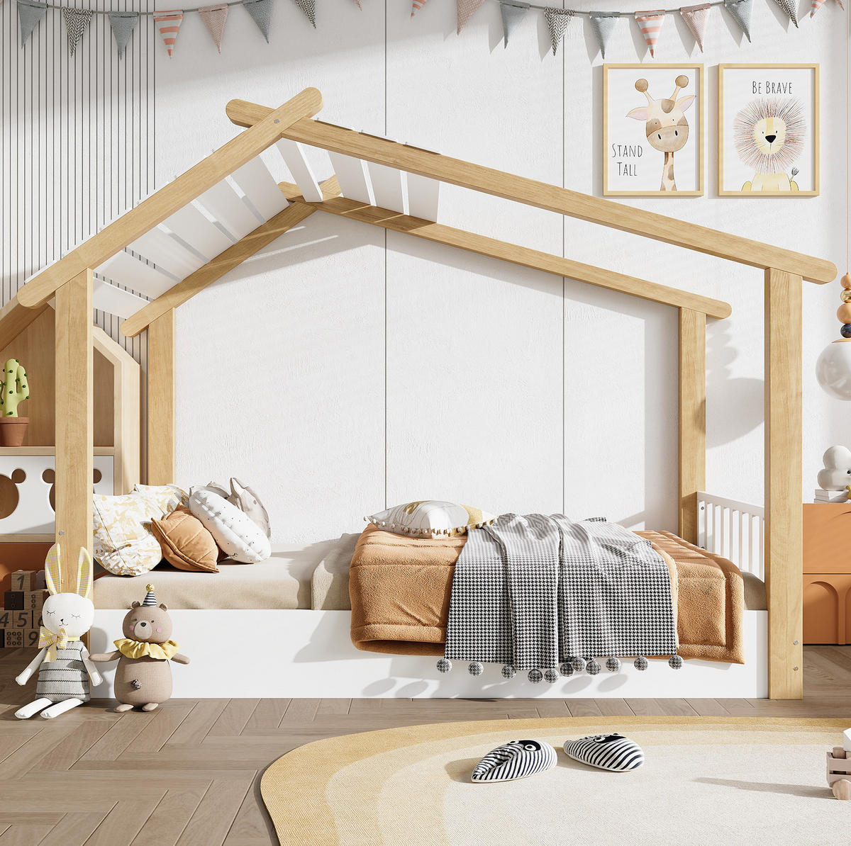 HAUSBETT aus Kiefer, Spanplatte und MDF 90x200 cm Weiß/Natur mit Lattenrost im Holzhausdesign - Weiß, Holzwerkstoff (90/200cm) - Modfu