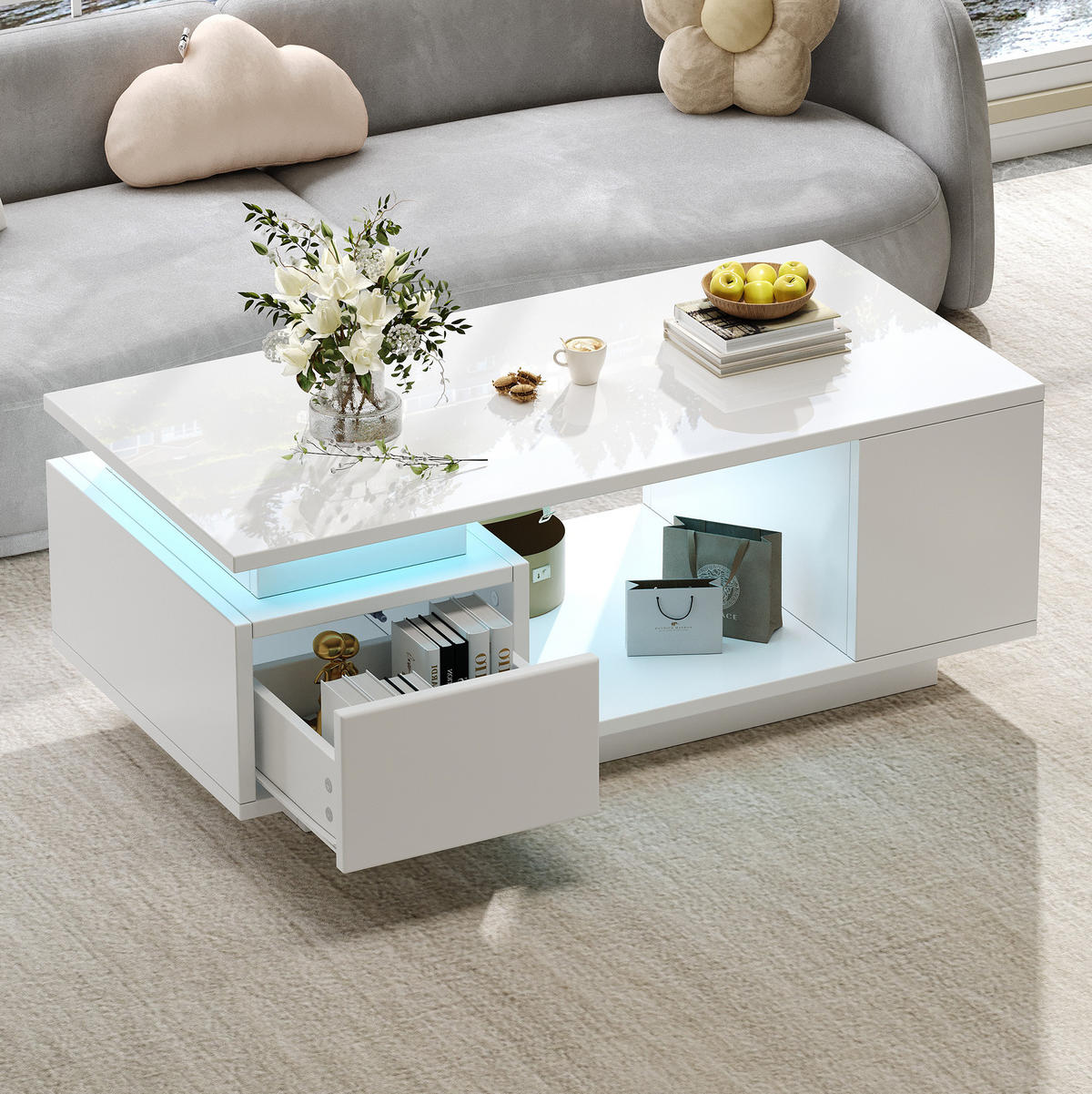 COUCHTISCH 100/50/36 cm mit LED-Beleuchtung, Schublade und seitlichen Ablagefächern, Weiß - Weiß, Holzwerkstoff (100/50/36cm) - Redom