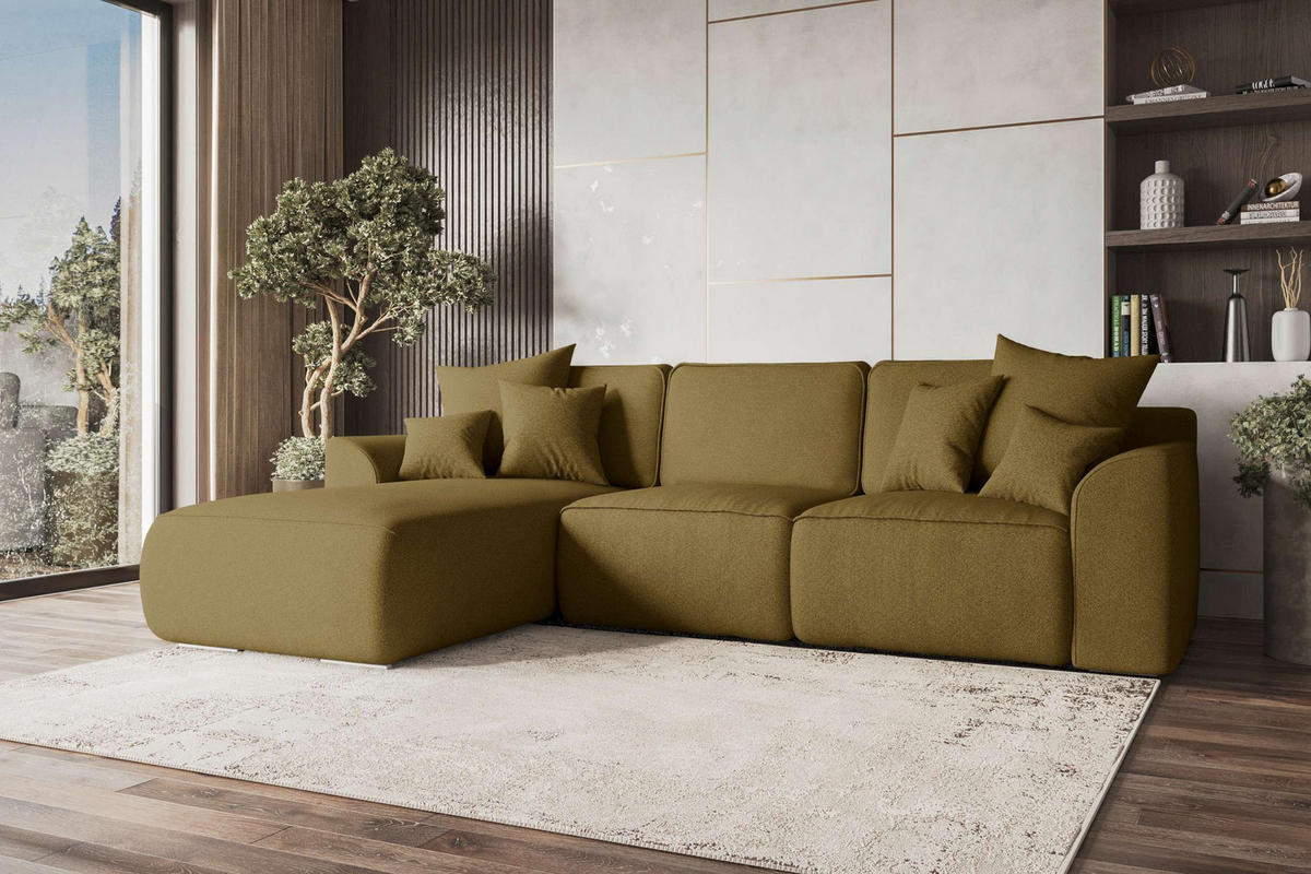 ECKSOFA GUSTO Strukturstoff Olivgrün Links inkl. Schlaffunktion - Chromfarben/Olivgrün, Kunststoff/Textil (194/295cm) - 99rooms