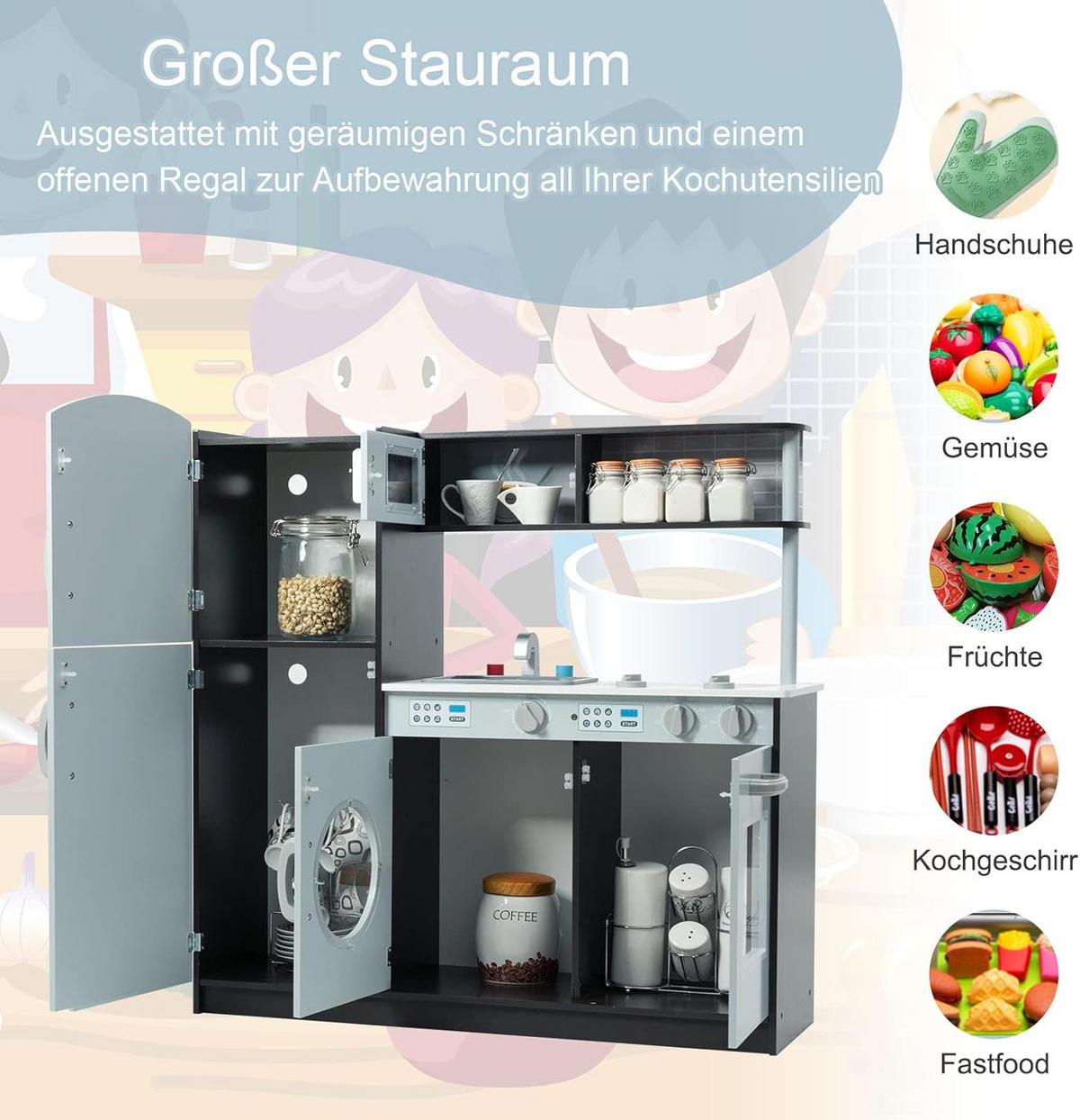 KINDERKÜCHE Aus Holz Grau - Grau, Holz (28/84/81cm) - COSTWAY