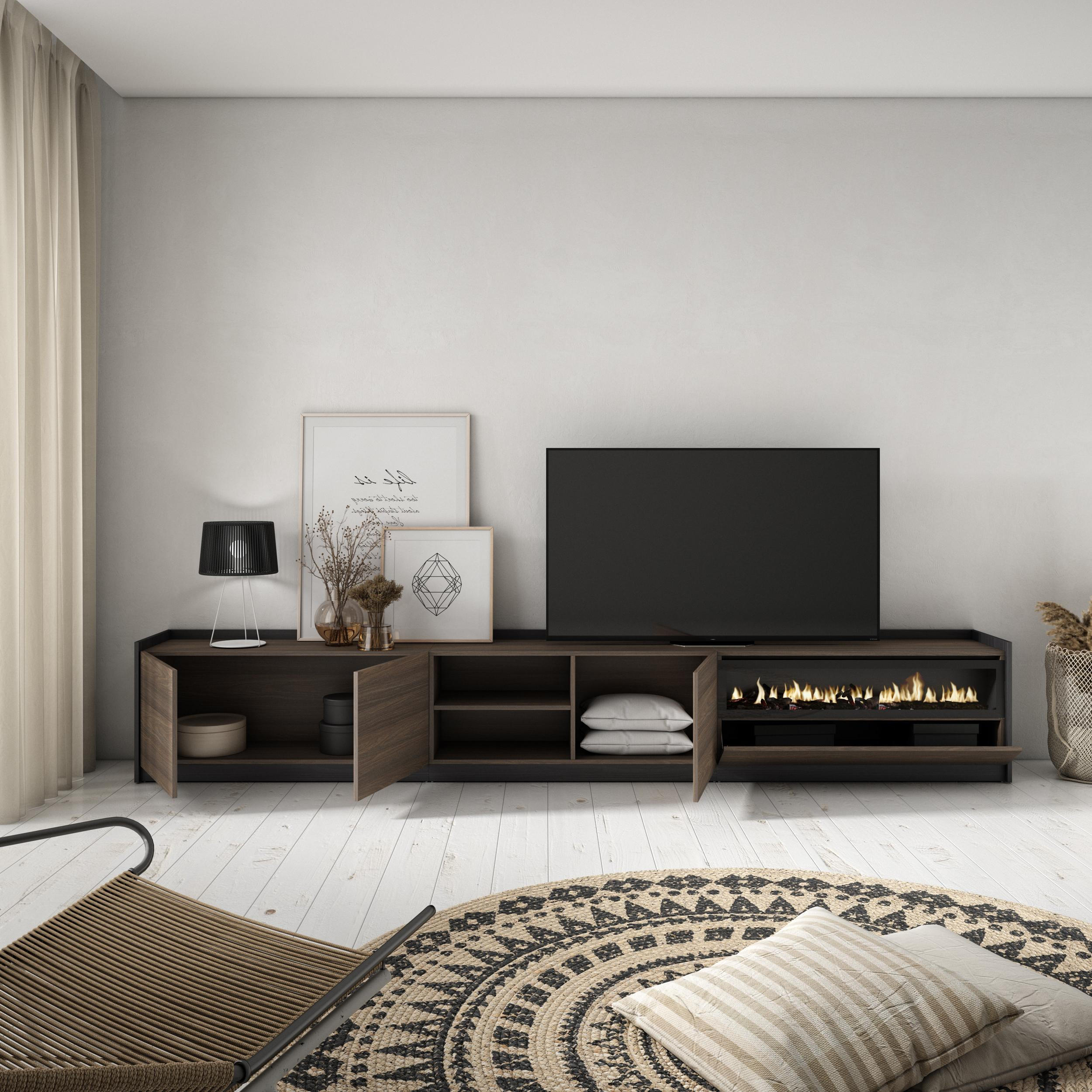 TV-SCHRANK, Dunkler Eiche und Schwarz, Elektrokamin, 310/37/50cm - Dunkelbraun, Holzwerkstoff (310/50/37cm) - Skraut Home