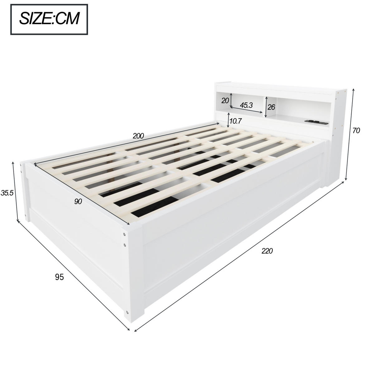 JEDNOLŮŽKOVÁ postel 90/200 cm s LED osvětlením, zásuvkou a hydraulickým úložným prostorem z MDF a borovicového dřeva, Bílá - bílá, kompozitní dřevo (90/200cm) - Redom