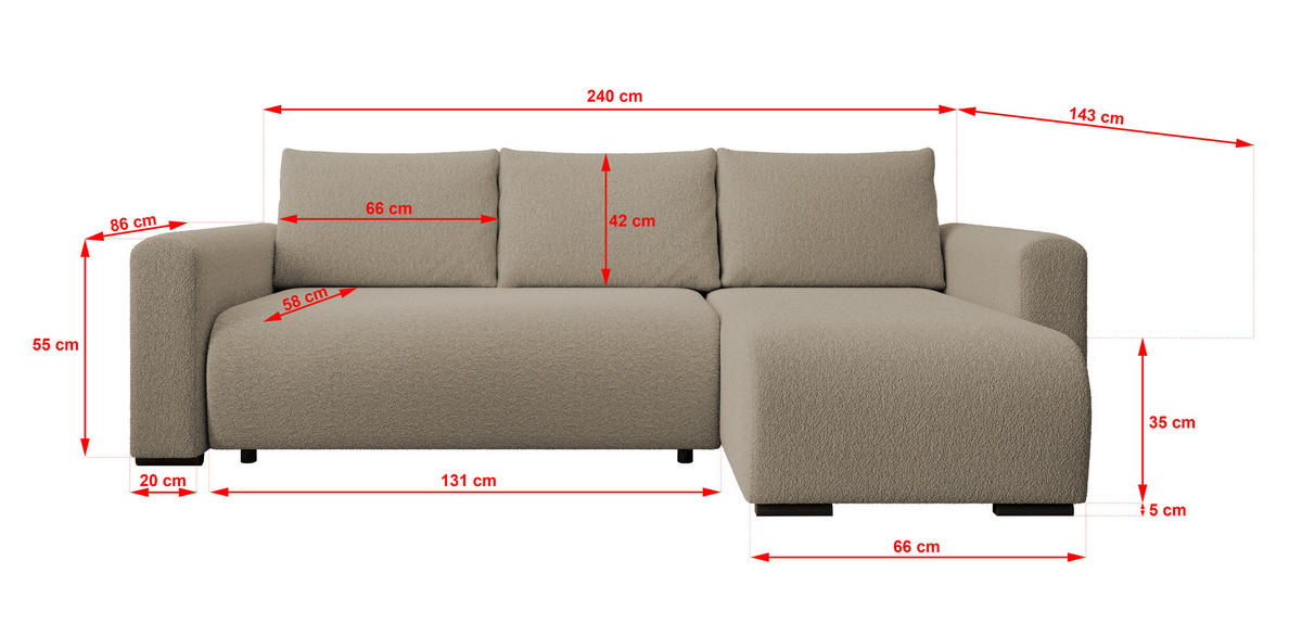 ECKSOFA DORA L, Eckcouch in L-Form mit Schlaffunktion und Bettkasten, Farbe: Hellbraun, Bouclé-Stoff, Ottomane Rechts - Hellbraun, Textil (240/143cm) - Storez24