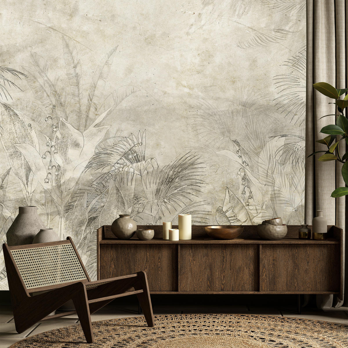 FOTOTAPETE für Schlafzimmer Vintage Botanische Blätter Tropisch 150x105 - Beige/Braun, Papier (150/105cm) - Muralo