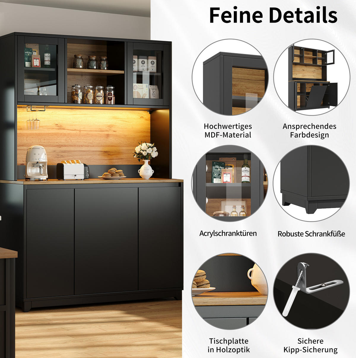 BUFFET 120/40/180 cm aus MDF und Metall mit LED-Beleuchtung Schwarz - Schwarz, Holzwerkstoff (120/180/40cm) - Modenvie