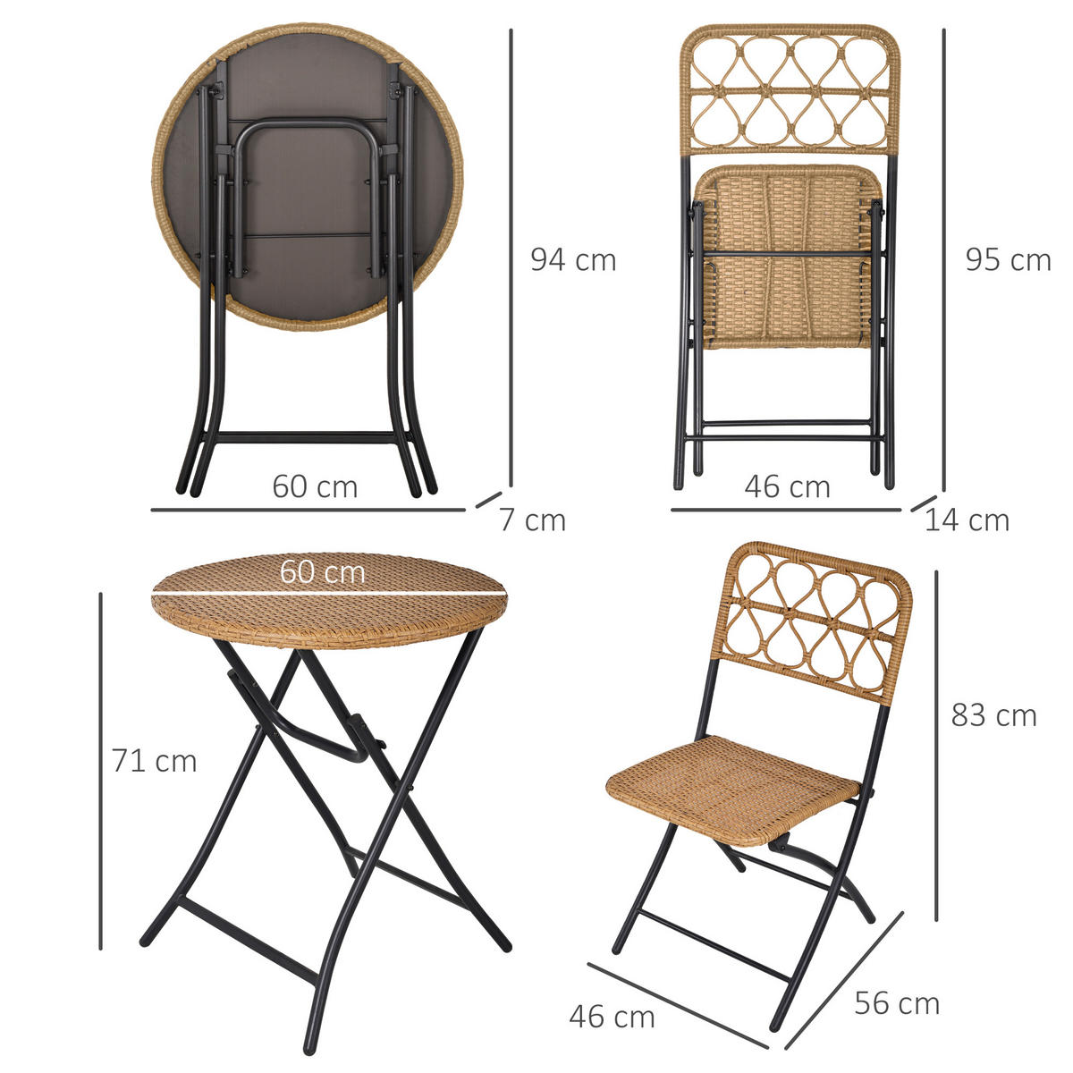GARTENMÖBEL Set, Stahl, PE-Rattan, Natur - Naturfarben, Metall - Outsunny