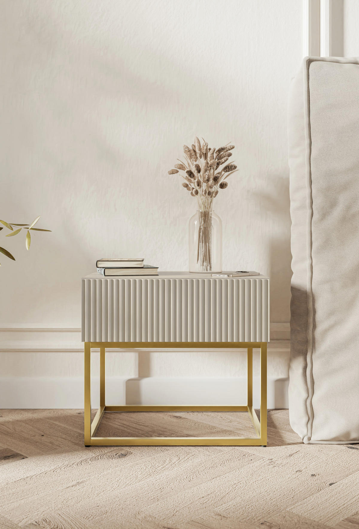 NACHTSCHRANK Veldio Graubeige mit goldenen Metallbeinen 50 cm - Greige/Goldfarben, Holzwerkstoff/Metall (50/44/35.6cm) - Selsey