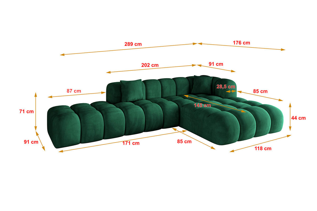 ECKSOFA Ottomane Rechts OLEA-L2 - 289x176x71 cm Dunkelgrün - Dunkelgrün/Schwarz, Holzwerkstoff/Kunststoff (289/176cm) - ALTDECOR